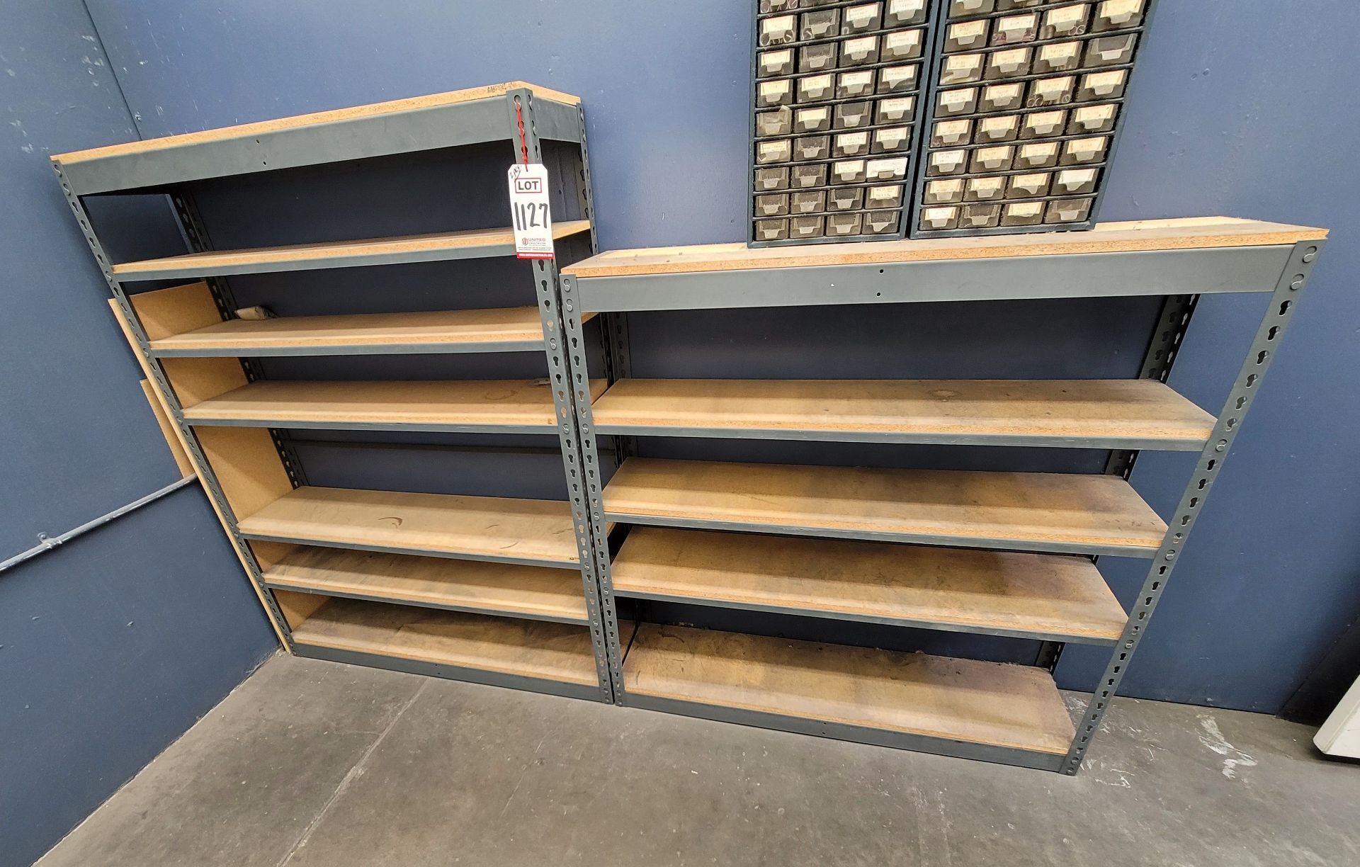 LOT - (2) SHELF UNITS W/ PARTICLE BOARD SHELVES, 4' X 12", CONTENTS NOT INCLUDED