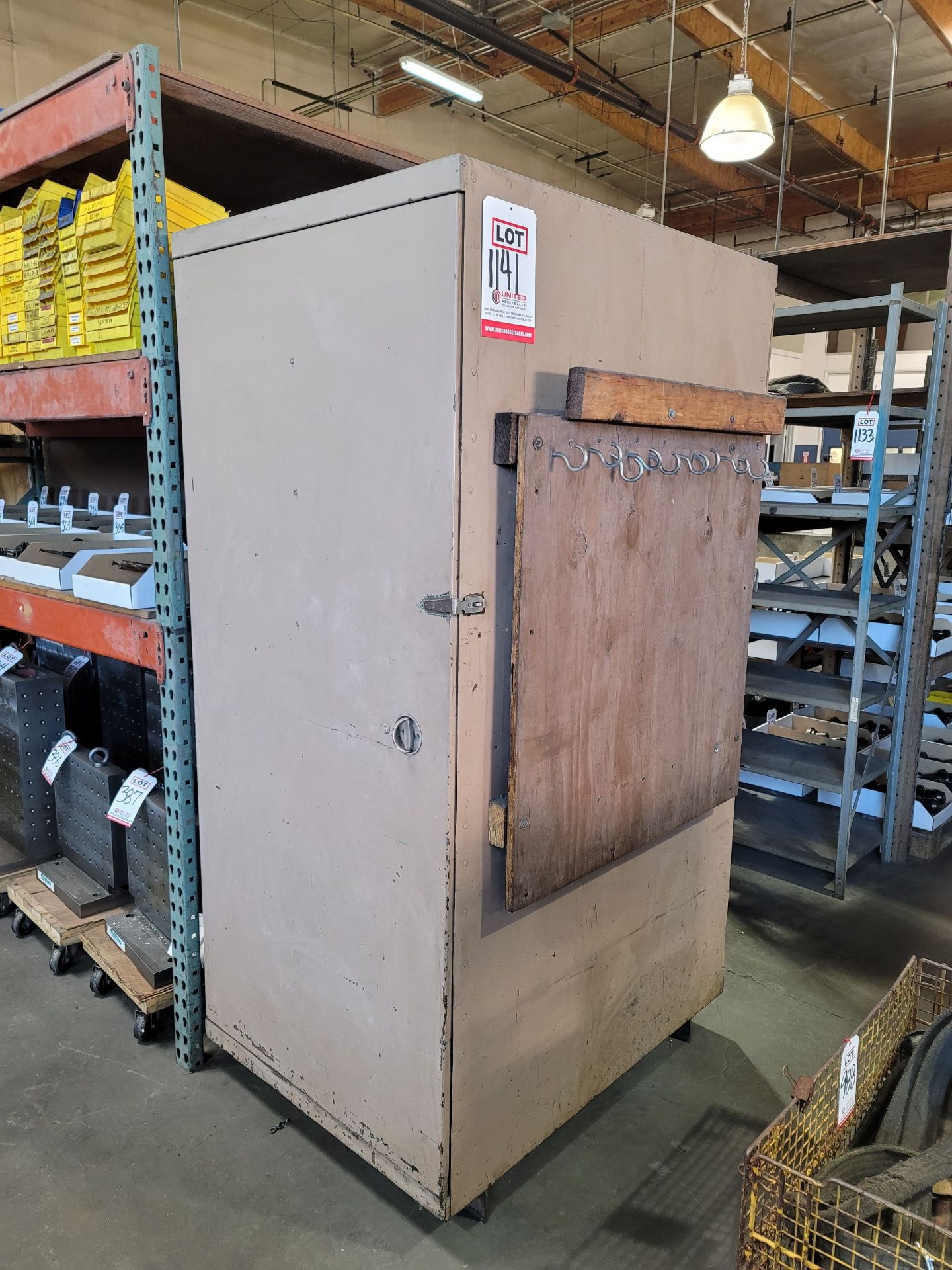 LOT - STORAGE CABINET, TWO CABINETS IN ONE W/ DOORS ON OPPOSITE ENDS, 34" X 44" X 80" HT, COMES WITH