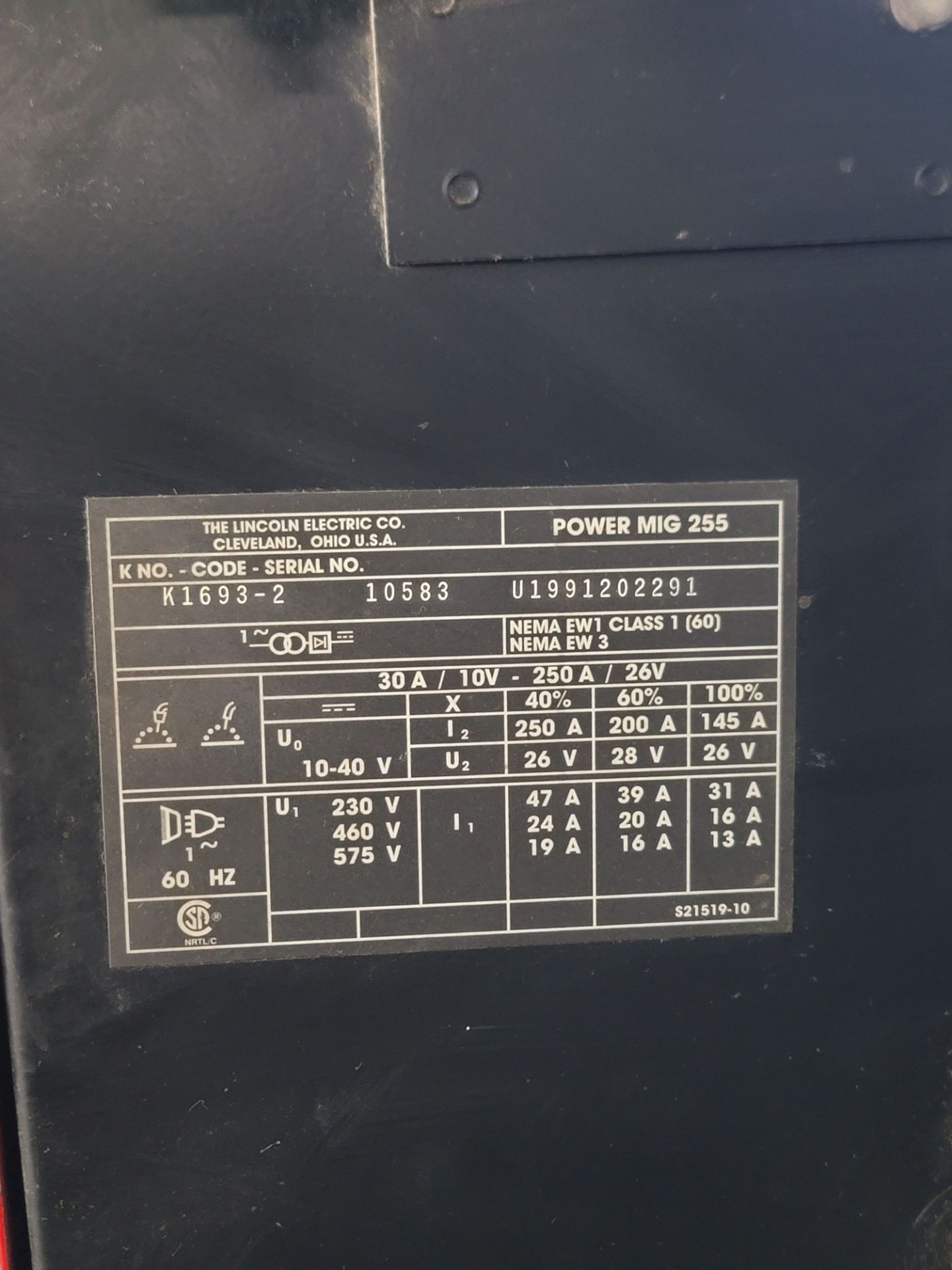 LINCOLN ELECTRIC POWER MIG 255 WELDER, K1693-2, S/N U1991202291, TANK IS NOT INCLUDED - Image 4 of 4