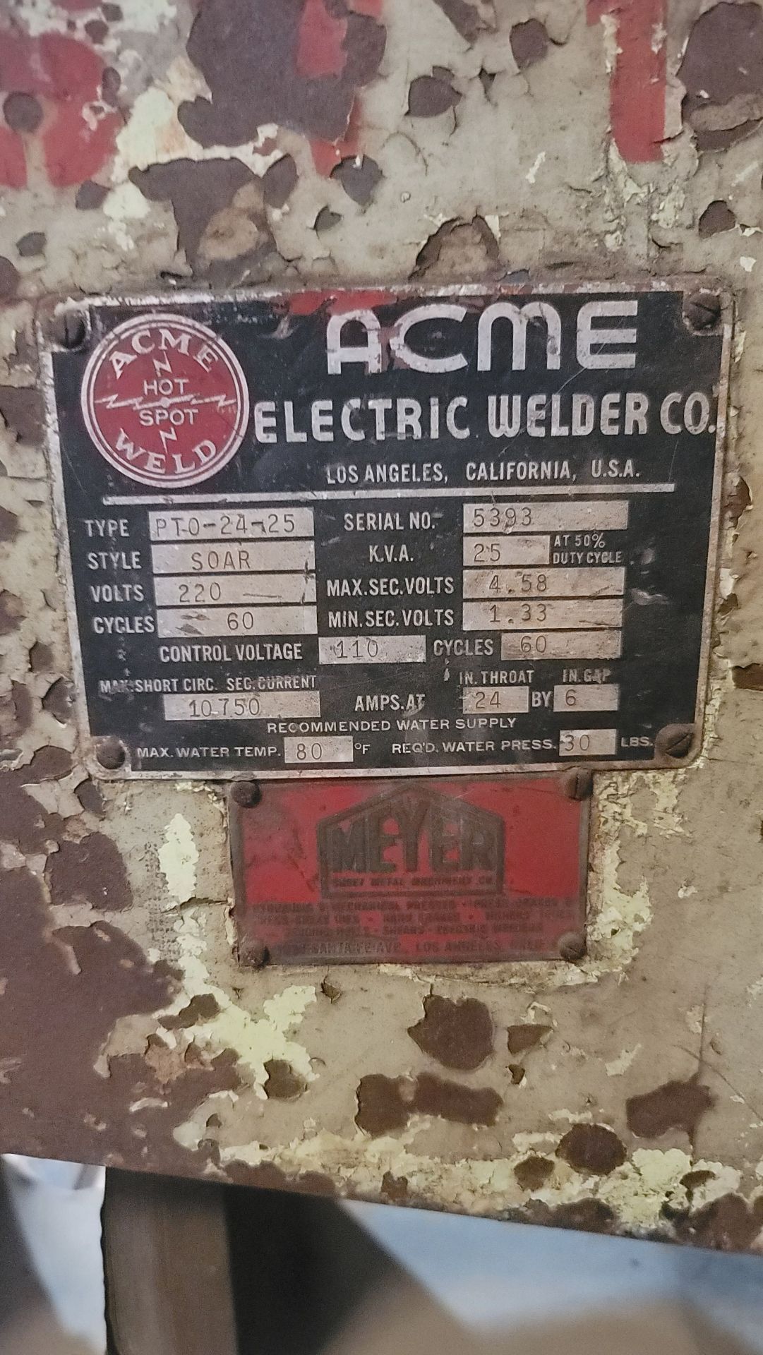 ACME 25 KVA SPOT WELDER, TYPE PTO-24-25, 21" THROAT, ENTRON EN1000 CONTROL, S/N 5393 - Image 5 of 6