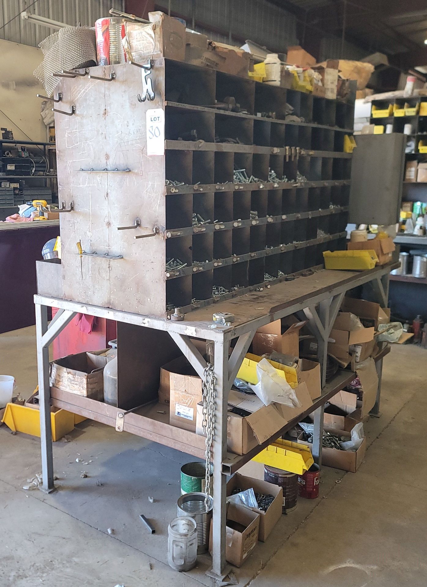 HARDWARE STORAGE TABLE W/ TWO-SIDED CUBBY HOLE UNIT WELDED TO TABLE, 82" X 40" X 76" HT, CONTENTS OF