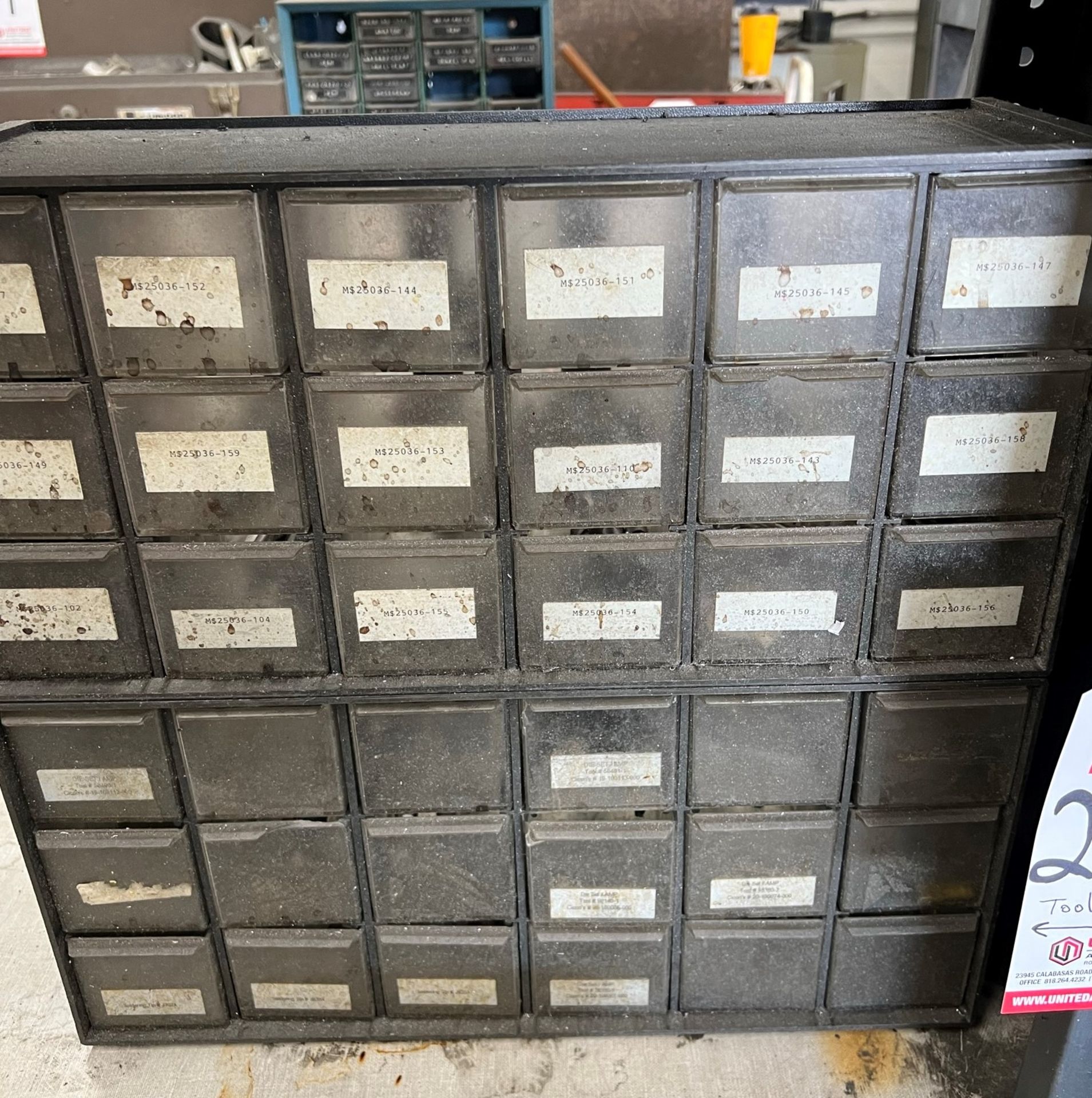 36-DRAWER SMALL PARTS CABINET, W/ CONTENTS OF STEEL AND CARBIDE TOOLING