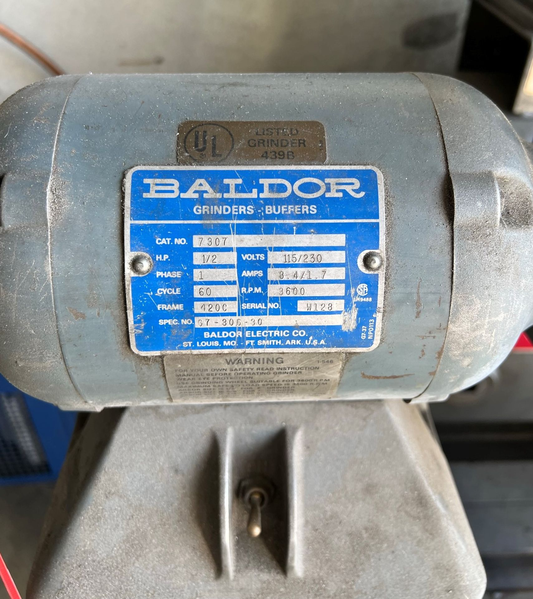 BALDOR 1/2 HP DOUBLE END PEDESTAL GRINDER, CAT. NO. 7307 - Image 2 of 2