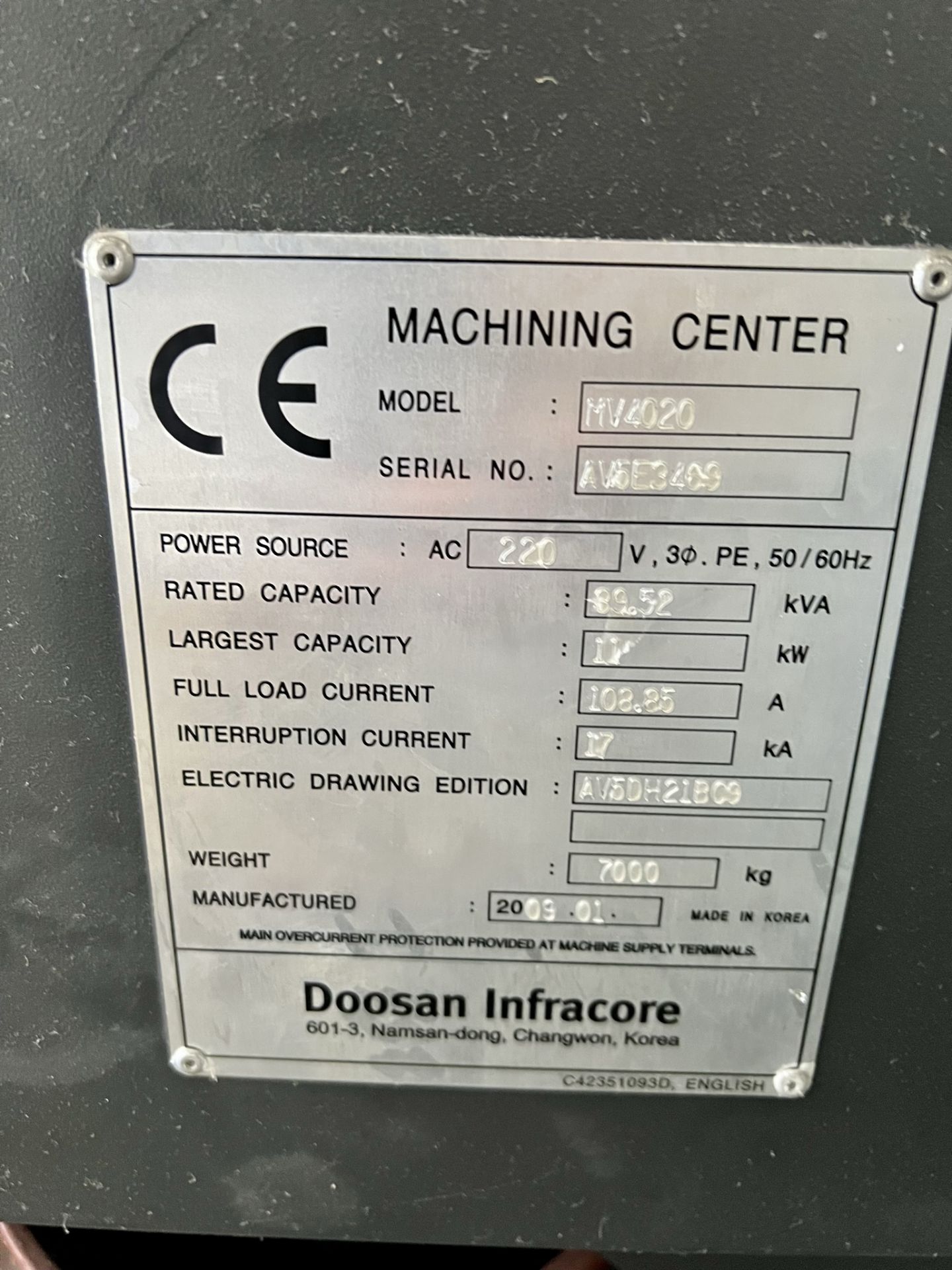 2009 DOOSAN MV 4020 VERTICAL MACHINING CENTER, FANUC SERIES 21I-MB CNC CONTROL, TRAVELS: 40" X 20" X - Image 23 of 24