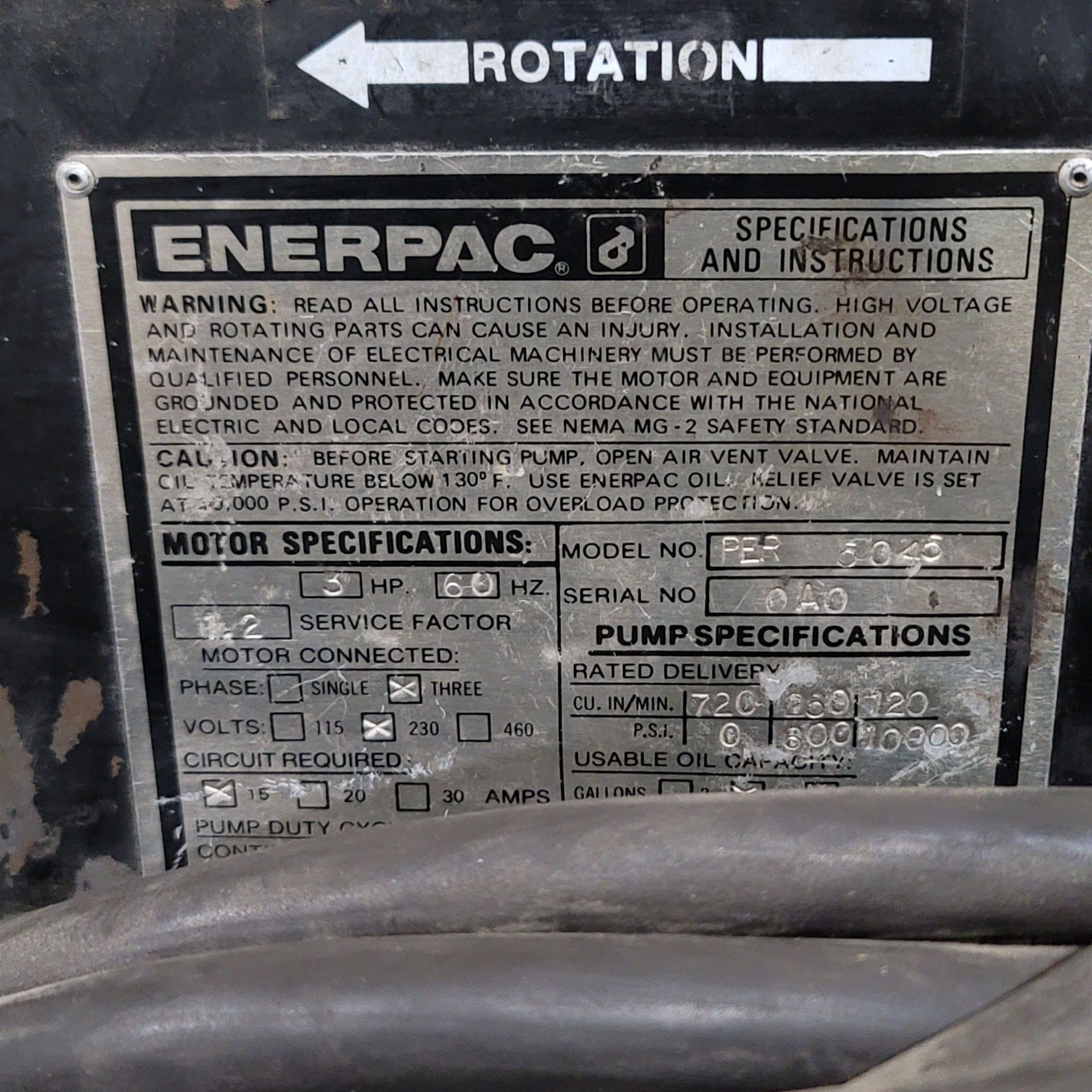 ENERPAC ELECTRIC HYDRAULIC PUMP, MODEL PER 5045, 3 HP, W/ PENDANT CONTROL AND STEEL CART - Image 2 of 2