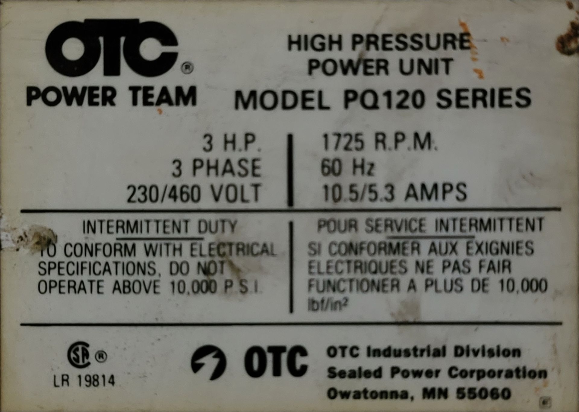 SPX POWER TEAM HIGH PRESSURE POWER UNIT, MODEL PQ120 SERIES, 3 HP, 3-PHASE/230/460V - Image 2 of 2