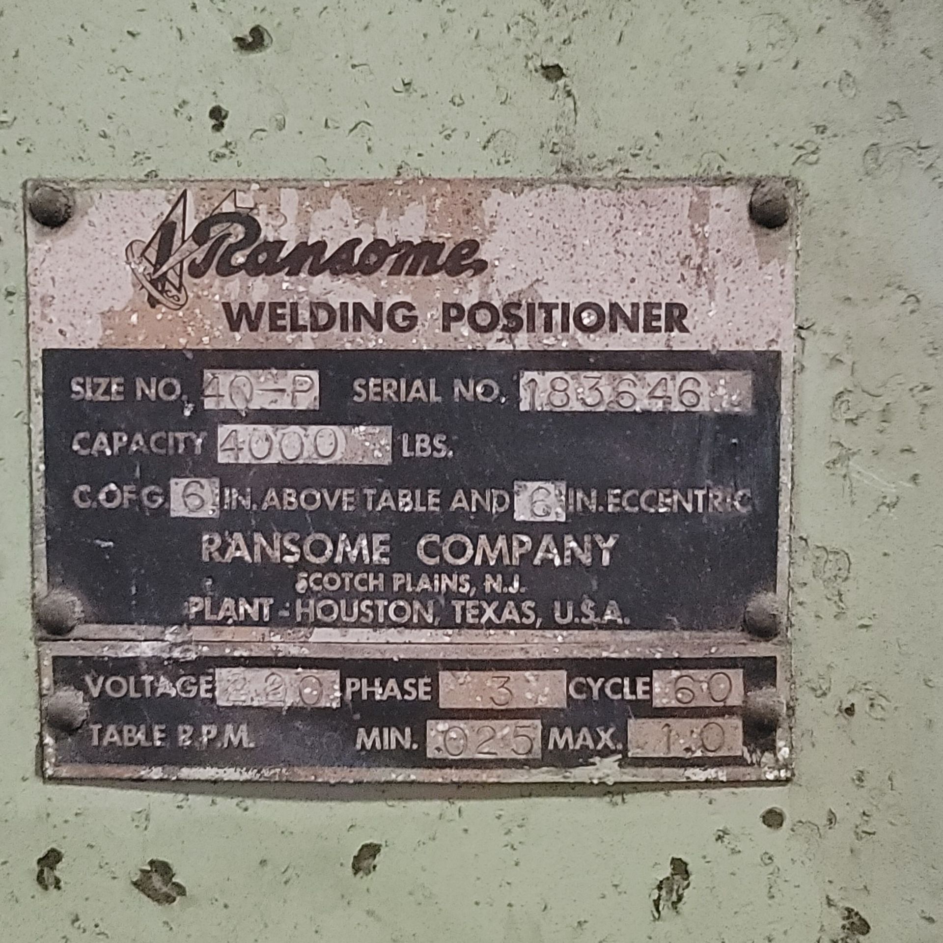 RANSOME WELDING POSITIONER, SIZE NO. 40-P, CAPACITY: 4,000 LBS, S/N 183646 - Image 3 of 3