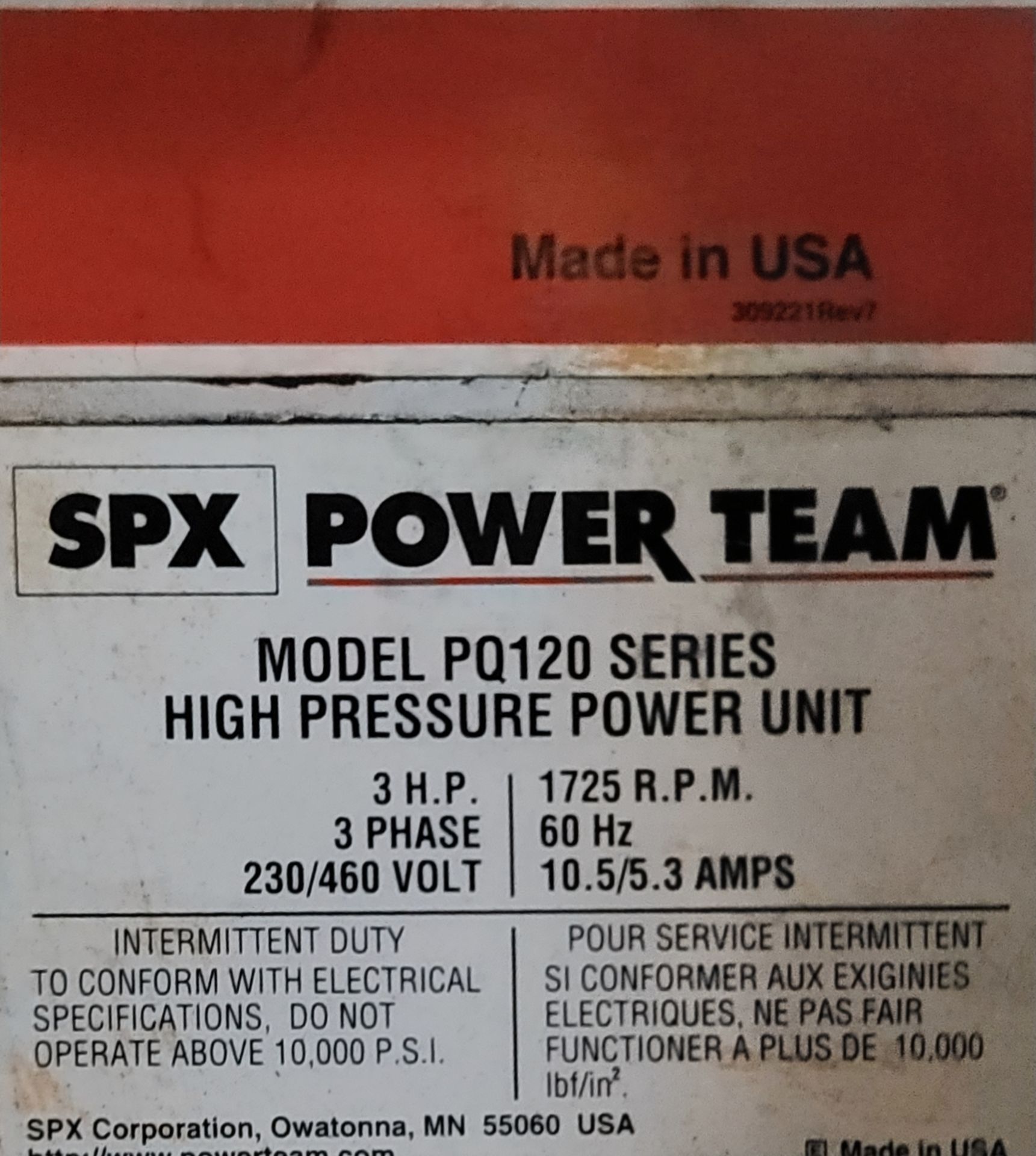 SPX POWER TEAM HIGH PRESSURE POWER UNIT, MODEL PQ120 SERIES, 3 HP, 3-PHASE/230/460V - Image 2 of 2