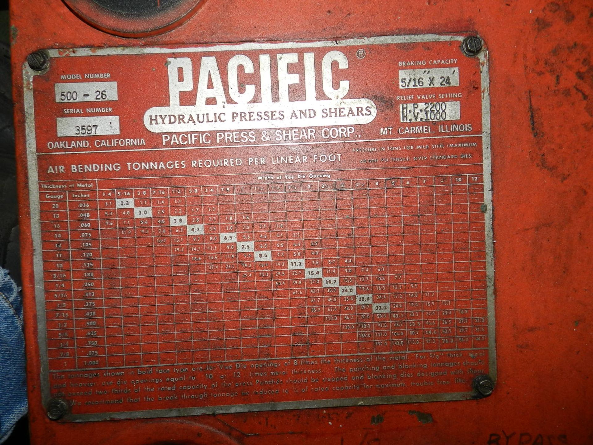 PACIFIC PRESS BRAKE, 24', 5/16" CAPACITY, MODEL 500-26, S/N 3597 - Image 5 of 14