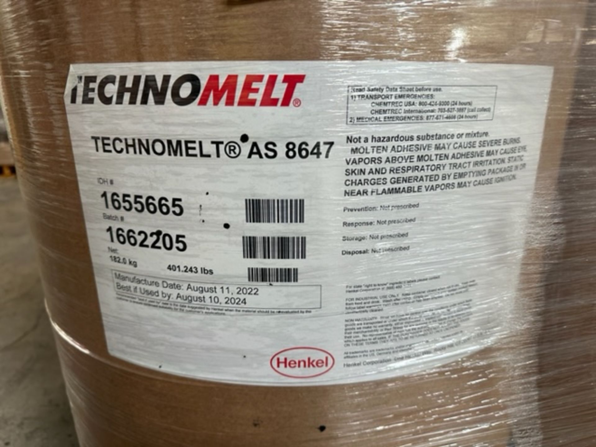 LOT - (4) 55-GALLON DRUMS OF HENKEL TECHNOMELT AS 8647, FACTORY SEALED - UNUSED ADHESIVES - Image 2 of 2