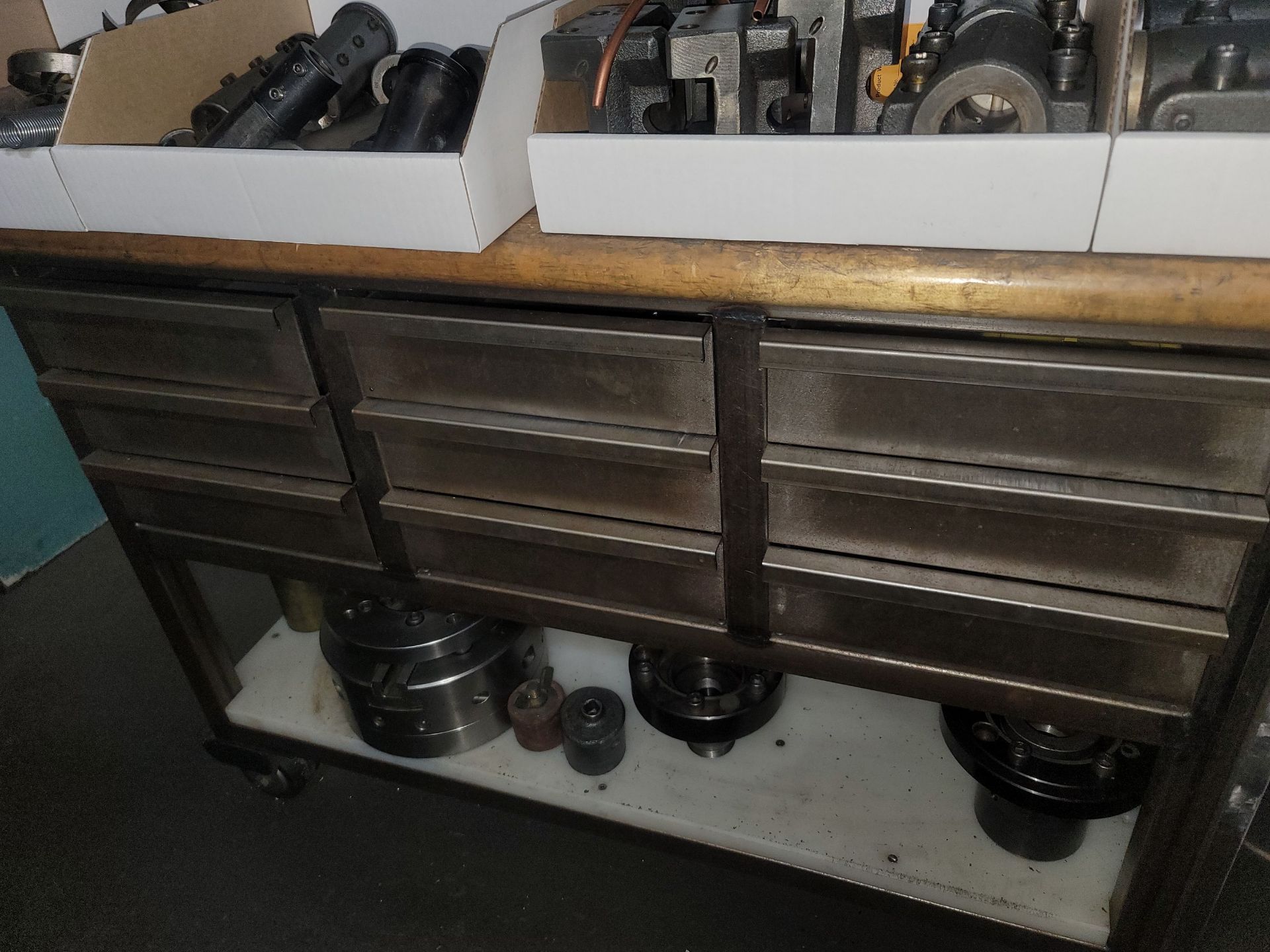 BUTCHER BLOCK WORK STATION W/ PEGBOARD BACK WALL, 5' X 25" X 1-1/2" THICK TOP MOUNTED ON A 9- - Image 2 of 5