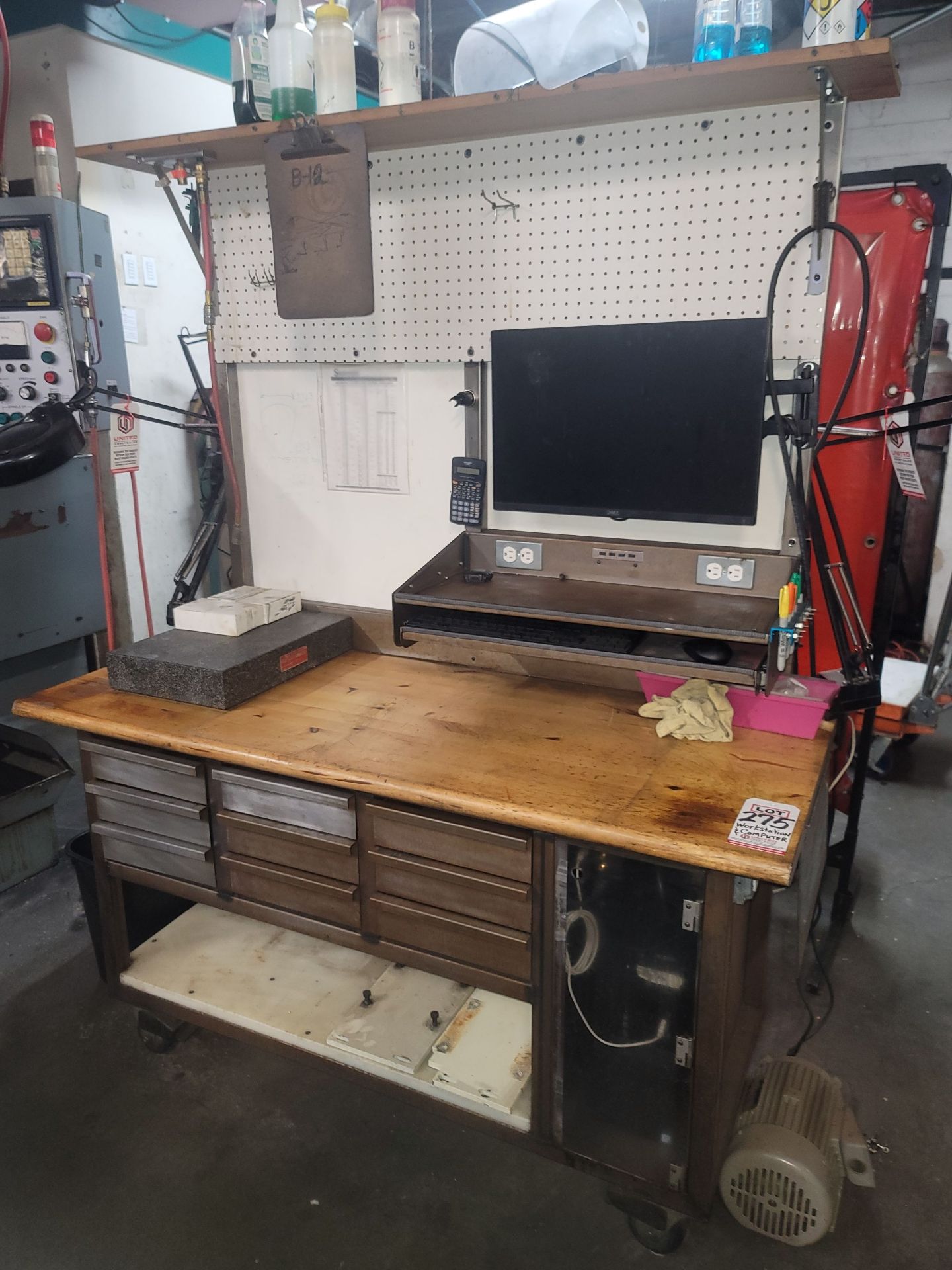 BUTCHER BLOCK WORK STATION W/ PEGBOARD BACK WALL, 5' X 25" X 1-1/2" THICK TOP MOUNTED ON A 9-