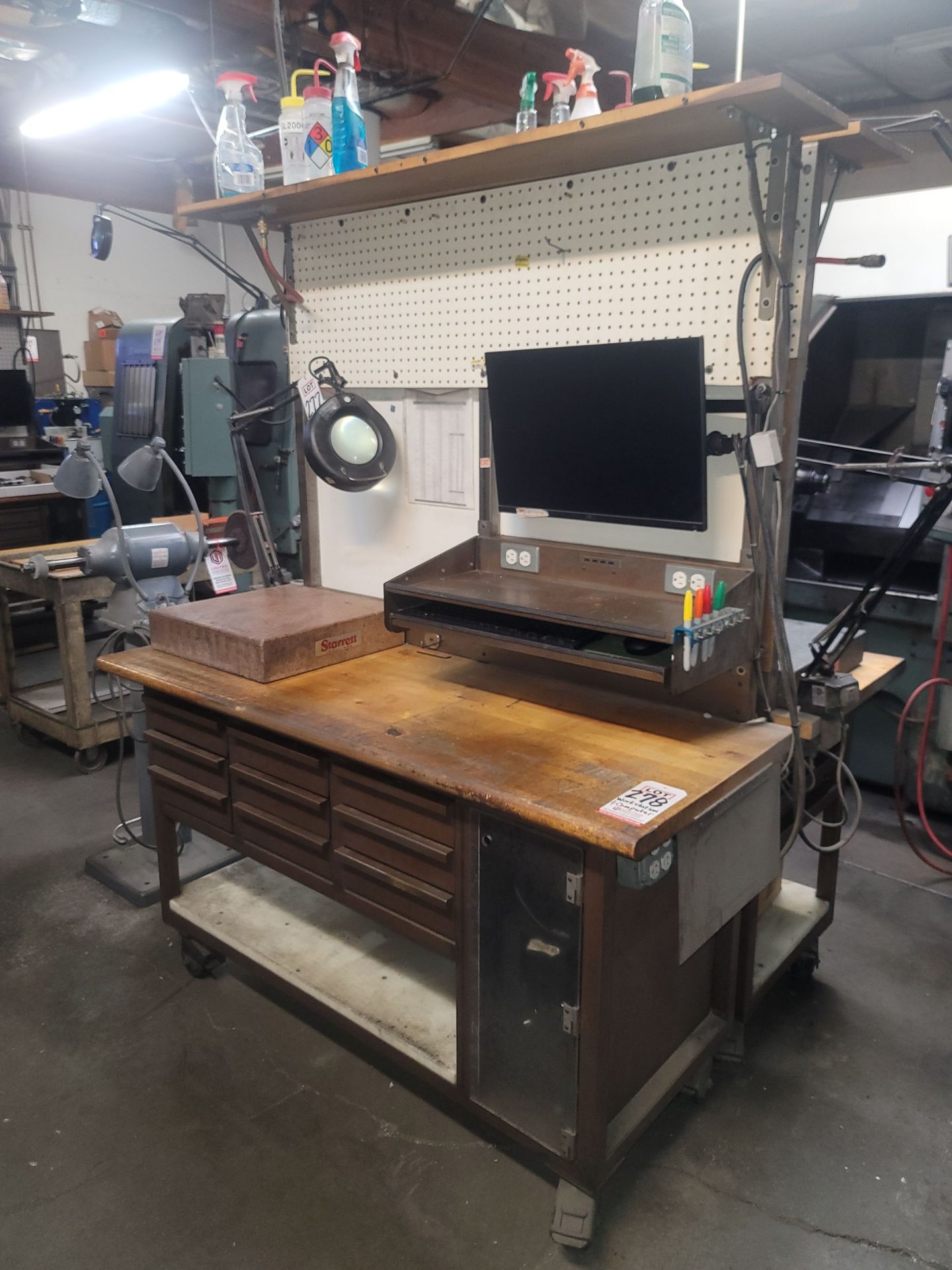 BUTCHER BLOCK WORK STATION W/ PEGBOARD BACK WALL, 5' X 25" X 1-1/2" THICK TOP MOUNTED ON A 9-