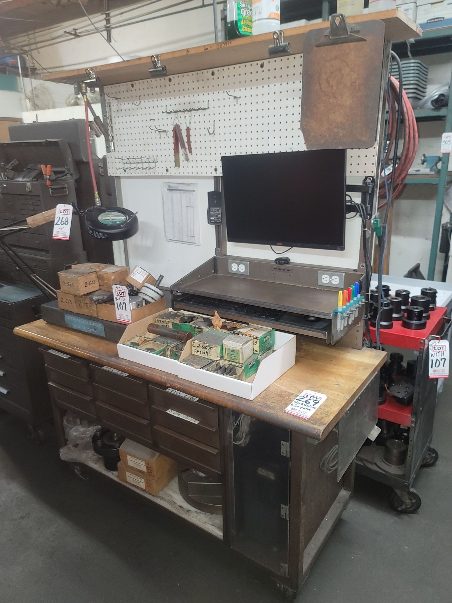 BUTCHER BLOCK WORK STATION W/ PEGBOARD BACK WALL, 5' X 25" X 1-1/2" THICK TOP MOUNTED ON A 9-