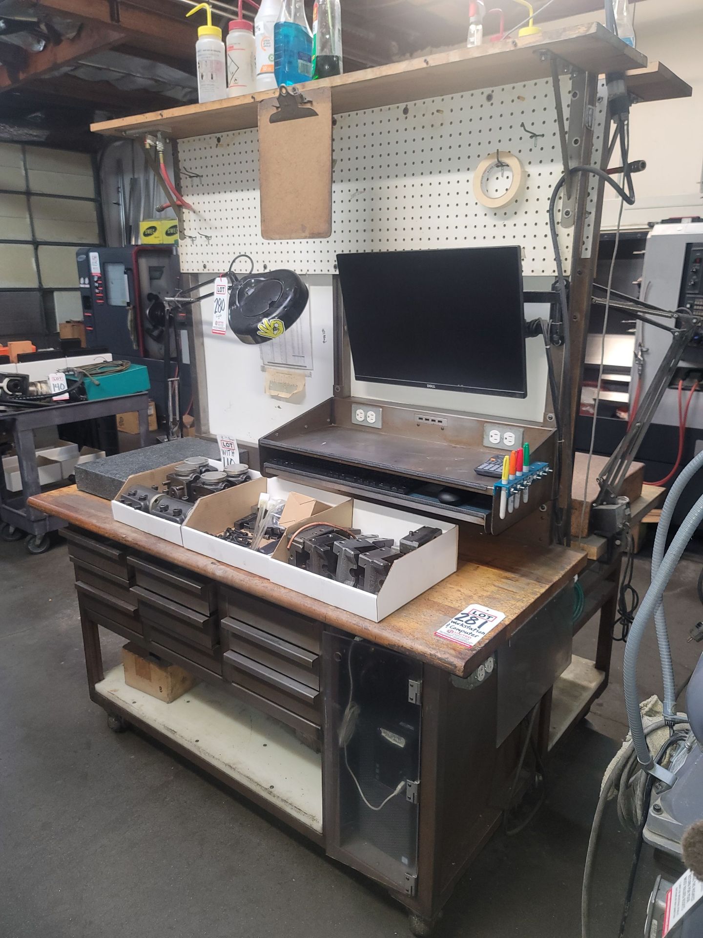 BUTCHER BLOCK WORK STATION W/ PEGBOARD BACK WALL, 5' X 25" X 1-1/2" THICK TOP MOUNTED ON A 9-