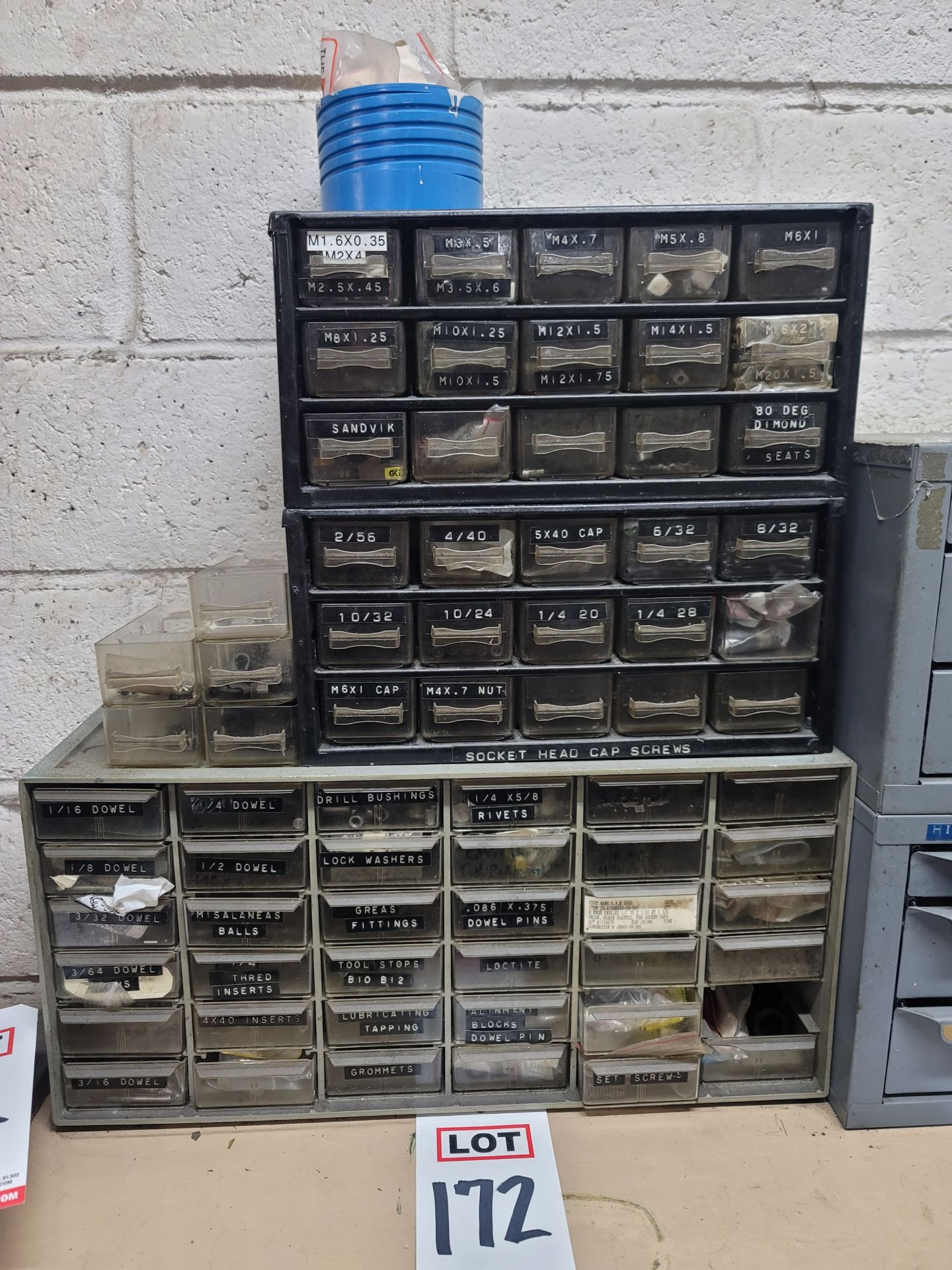 LOT - (2) MULTI-DRAWER BENCHTOP FASTENER CABINETS, W/ CONTENTS OF SMALL FASTENERS, ETC.