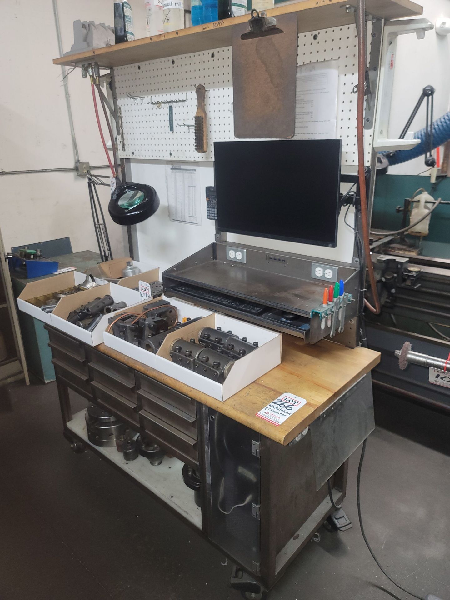 BUTCHER BLOCK WORK STATION W/ PEGBOARD BACK WALL, 5' X 25" X 1-1/2" THICK TOP MOUNTED ON A 9-