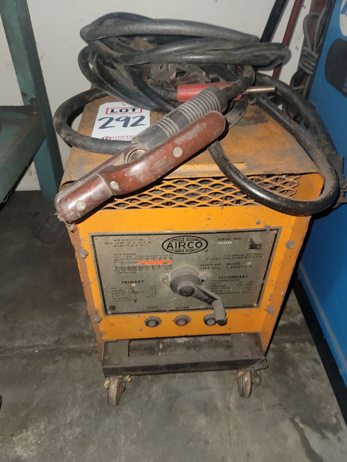 AIRCO PORTABLE ARC WELDER ON CASTERS, MODEL 2.25ADT-2-A, S/N R369465, STOCK NO. 1353-0141