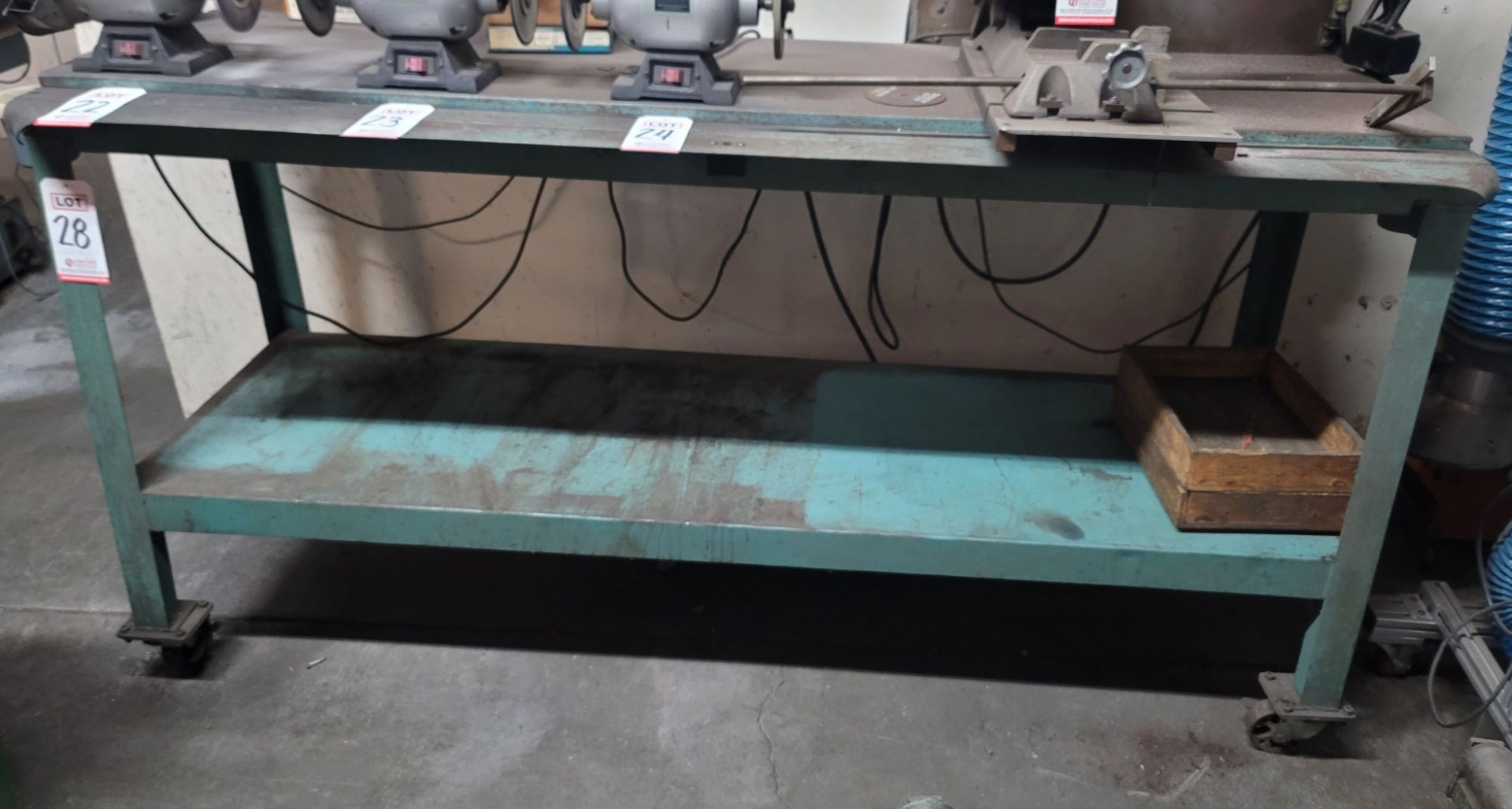 STEEL WORKBENCH W/ STEEL CASTERS, 82-1/2" X 27", CONTENTS NOT INCLUDED, (DELAYED PICKUP UNTIL