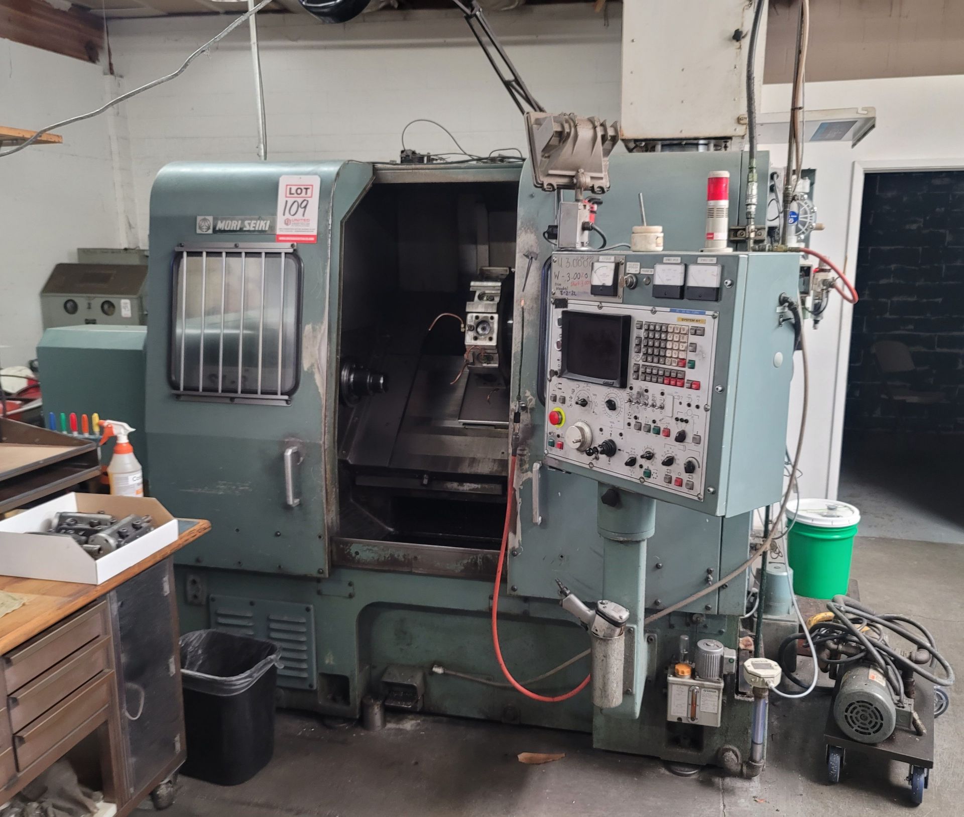 MORI SEIKI SL-3H SLANT BED LATHE, FANUC SYSTEM 6T CNC CONTROL, 10" CHUCK, J3 COLLET ATTACHMENT, 12-