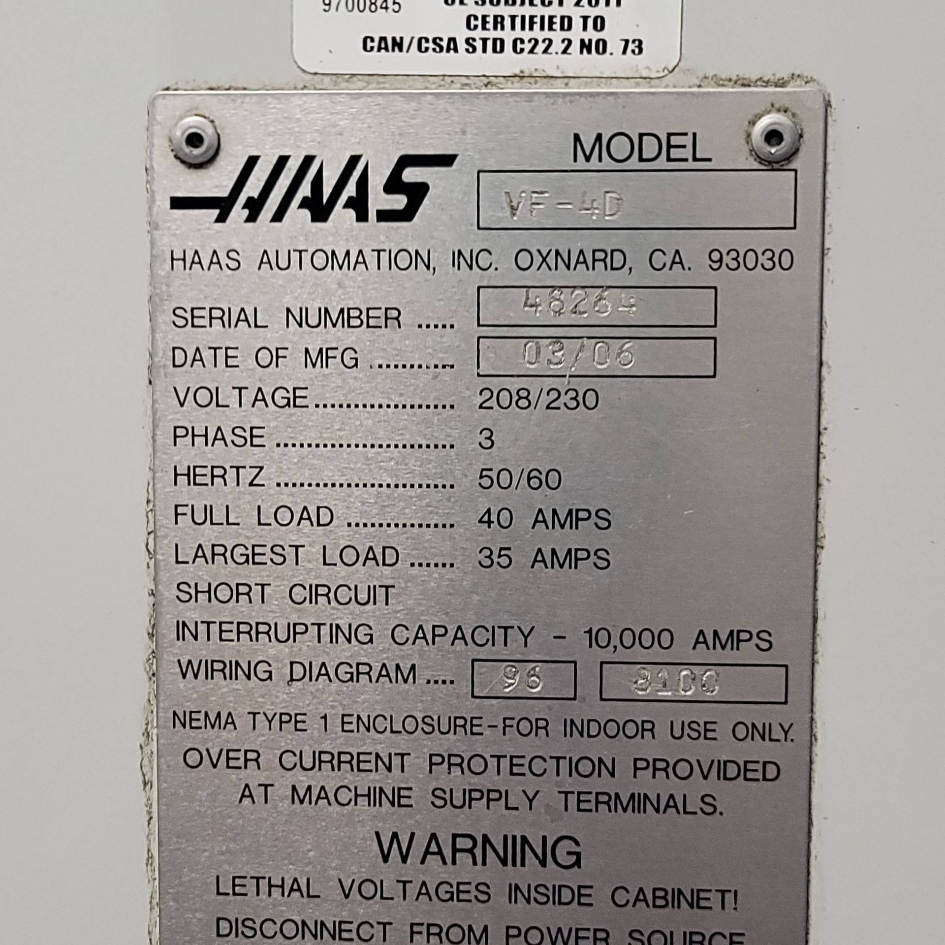 2006 HAAS VF-4D VERTICAL MACHINING CENTER, XYZ TRAVELS: 50" X 20" X 25", 52" X 18" TABLE, 24 ATC, - Image 8 of 8