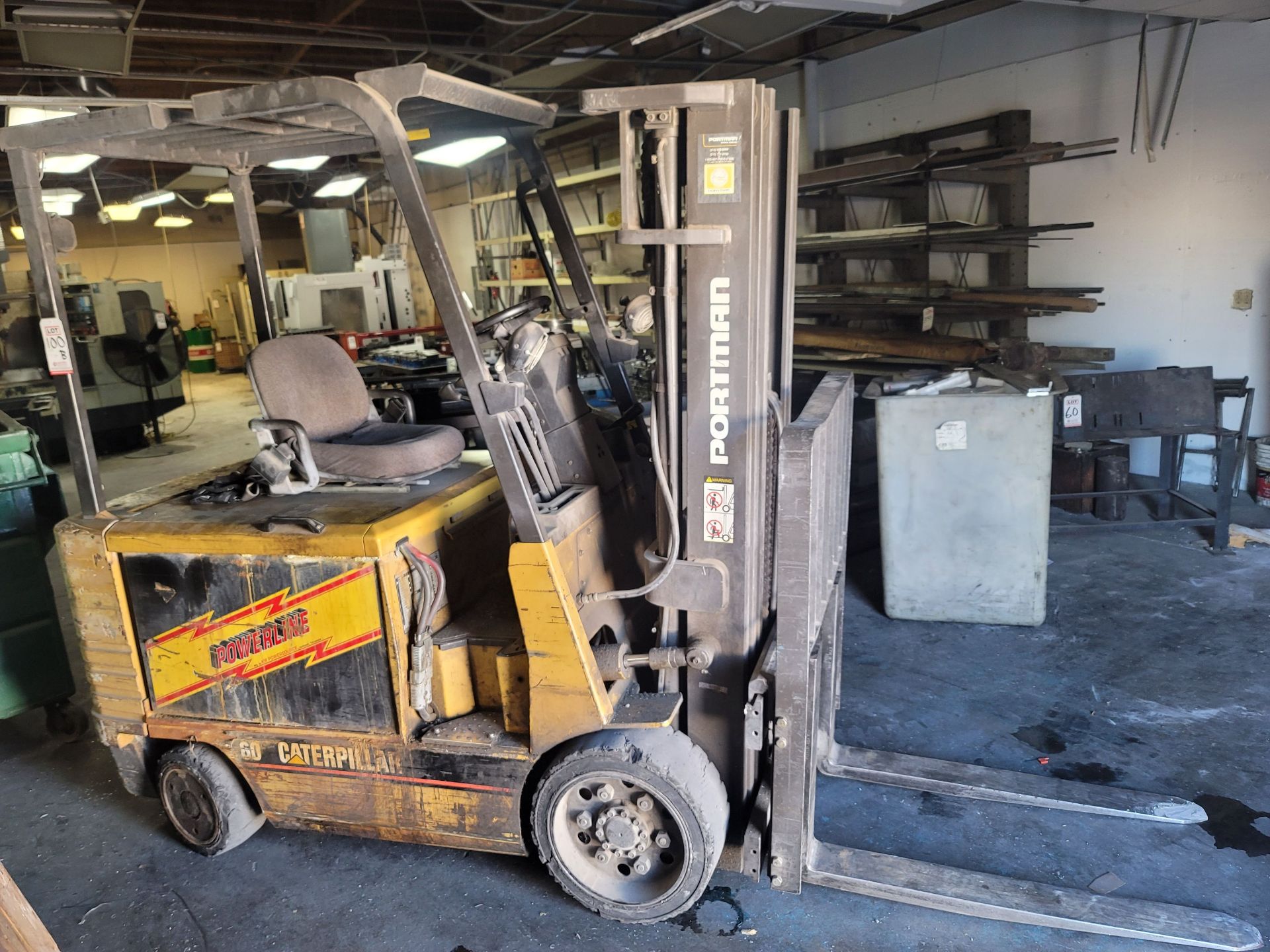 CATERPILLAR ELECTRIC FORKLIFT W/ CHARGER, MODEL 2EC30, 6,000 LB CAPACITY, 3-STAGE MAST, SIDE