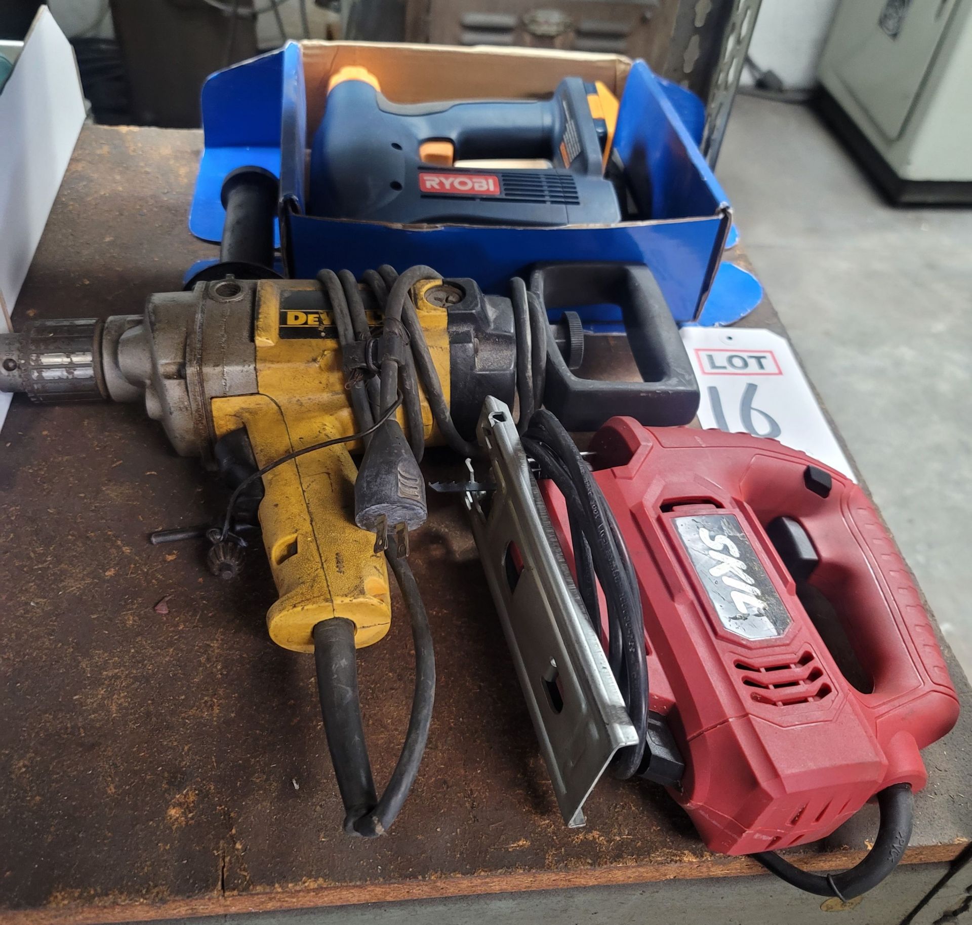 LOT - (1) DEWALT DW130 1/2" REVERSING DRILL, (1) SKILL 4295 JIGSAW AND (1) RYOBI P300 RECHARGEABLE