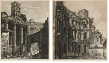 Luigi Rossini: Zwei Kupferstiche mit Ansichten aus Rom: Thermen des Diocletian sowie Marstempel