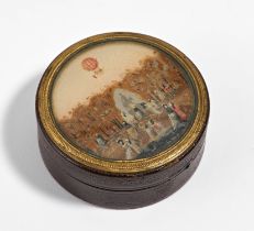 Small round box with Mongolfière over park with equestrian statue