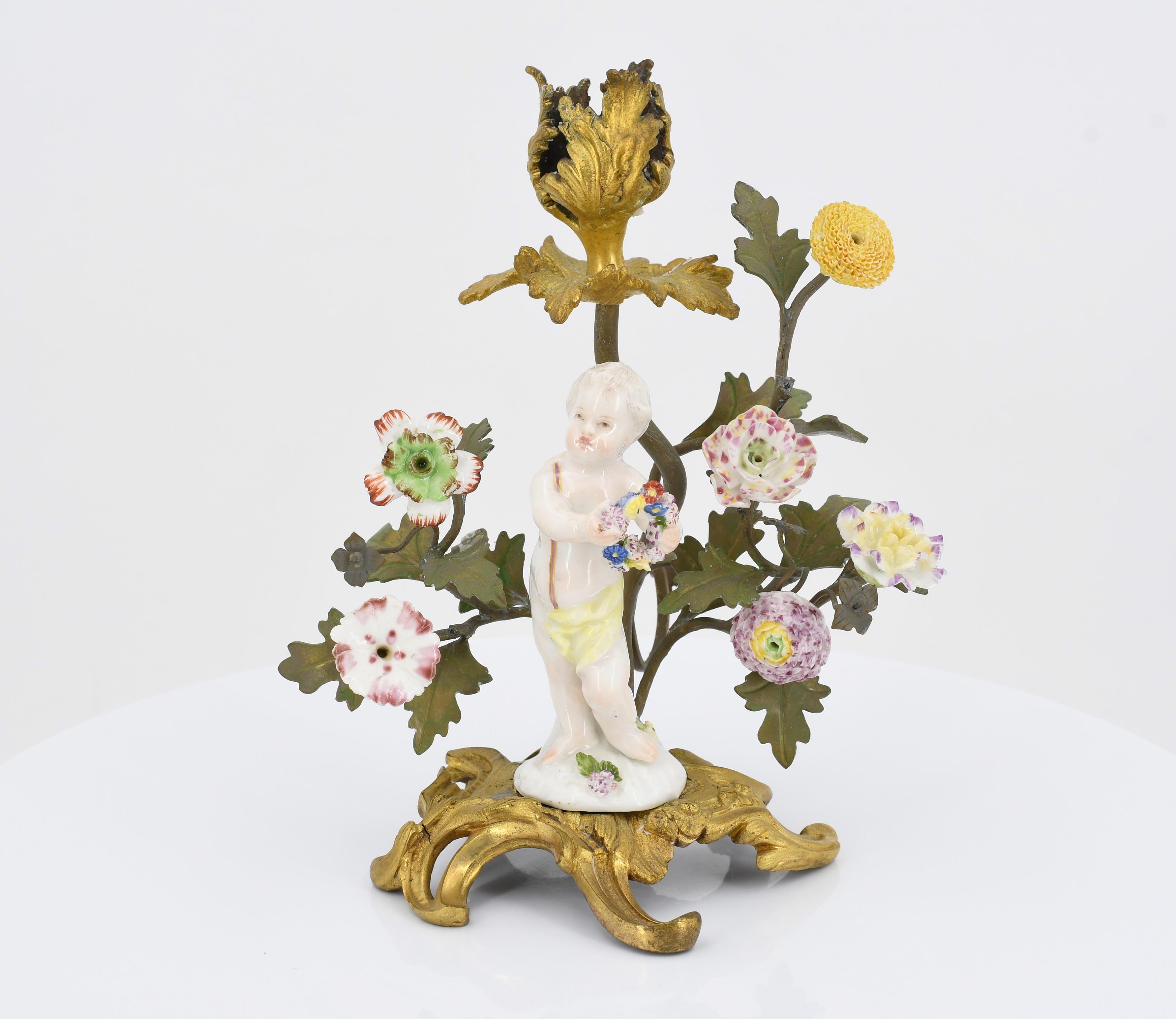 Pair of small candle holders with putti and porcelain flowers - Image 7 of 10