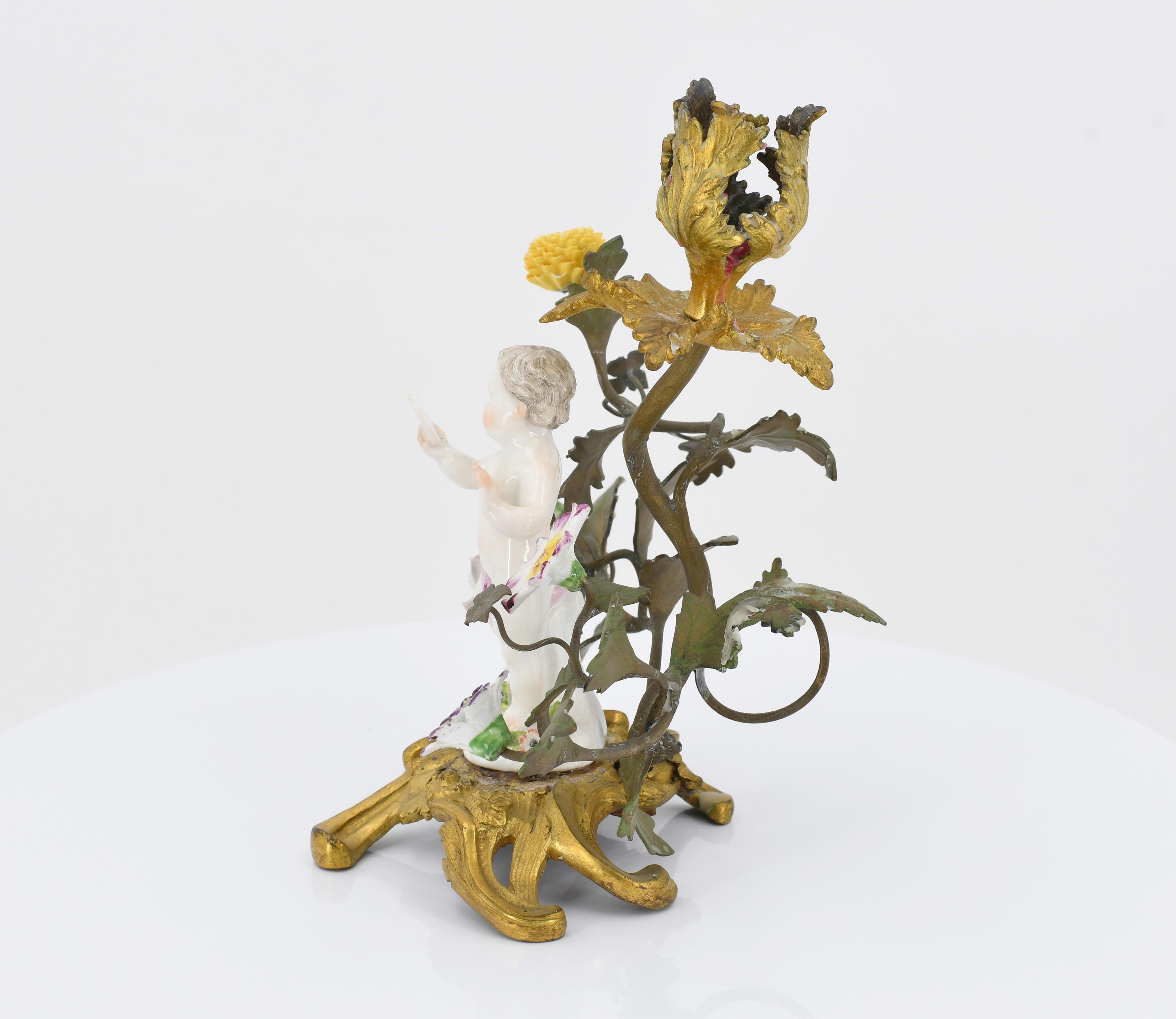 Pair of small candle holders with putti and porcelain flowers - Image 3 of 10