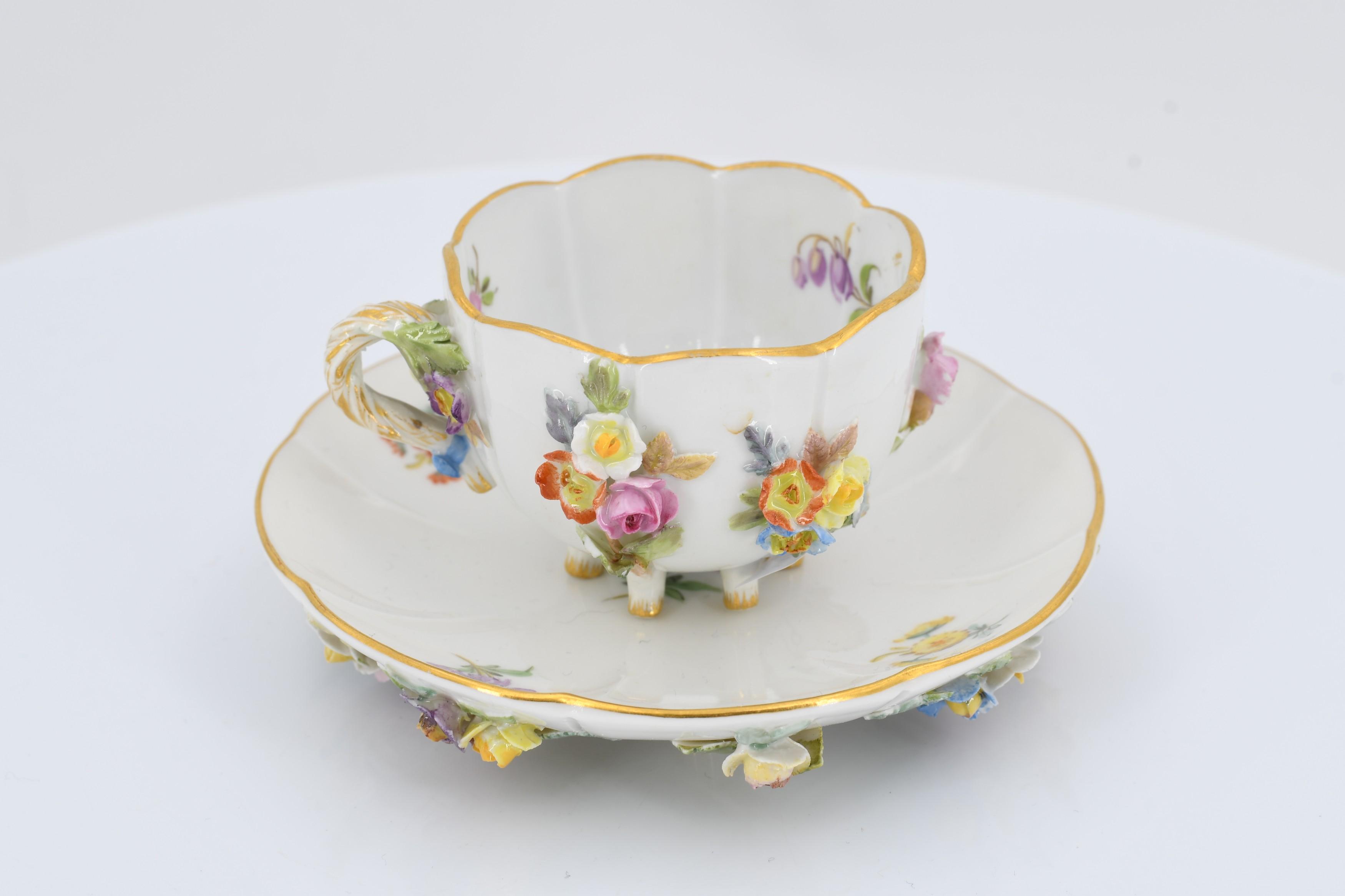 Jug and three cups with saucers decorated with applied flowers - Image 2 of 12