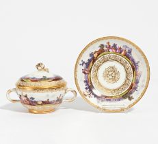 Small Double-Handled Tureen and saucer with Landscape paintings
