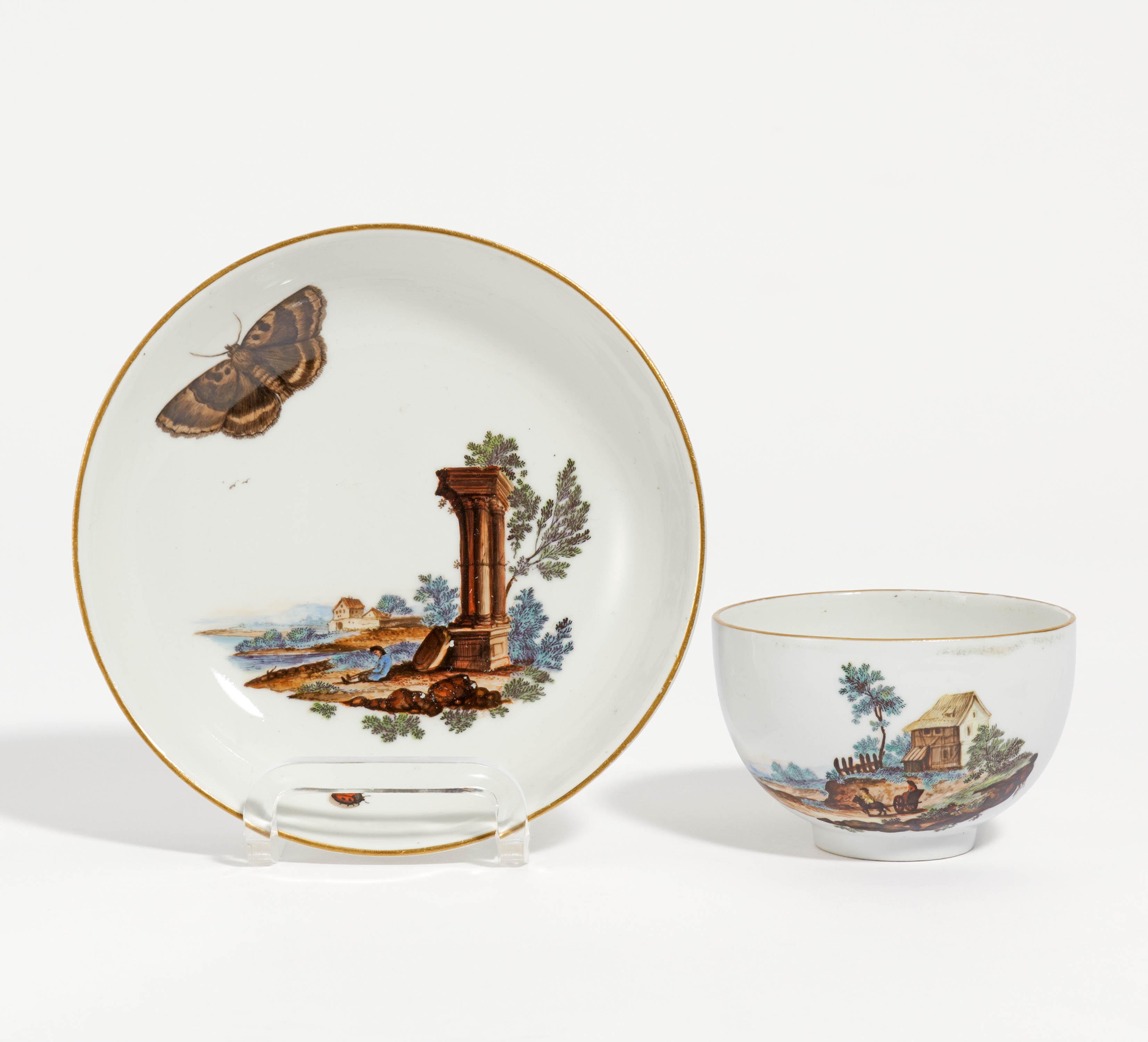 Cup and saucer with rural scenes and insects