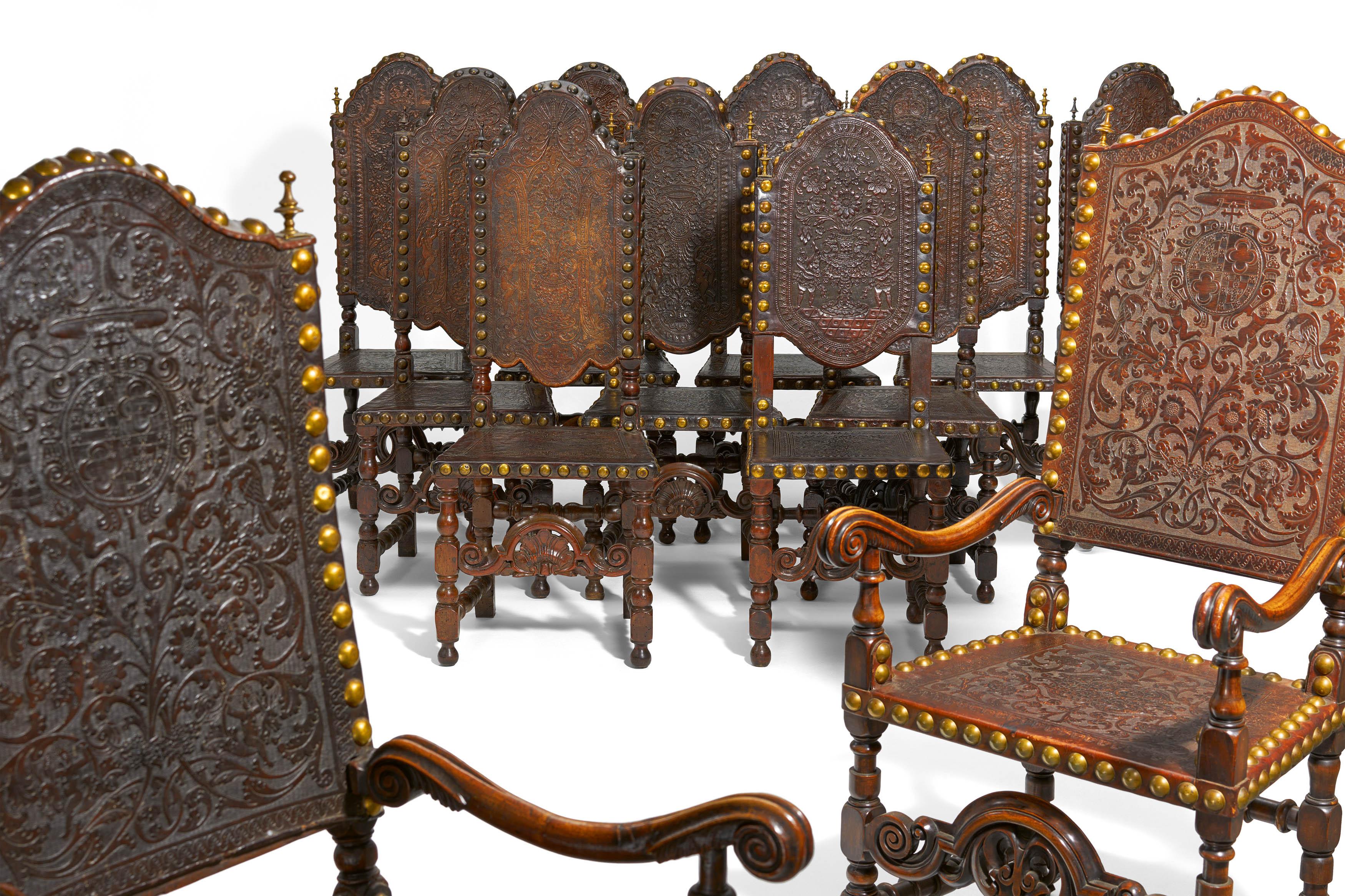Set of ten chairs and two armchairs in the style of the 17th century