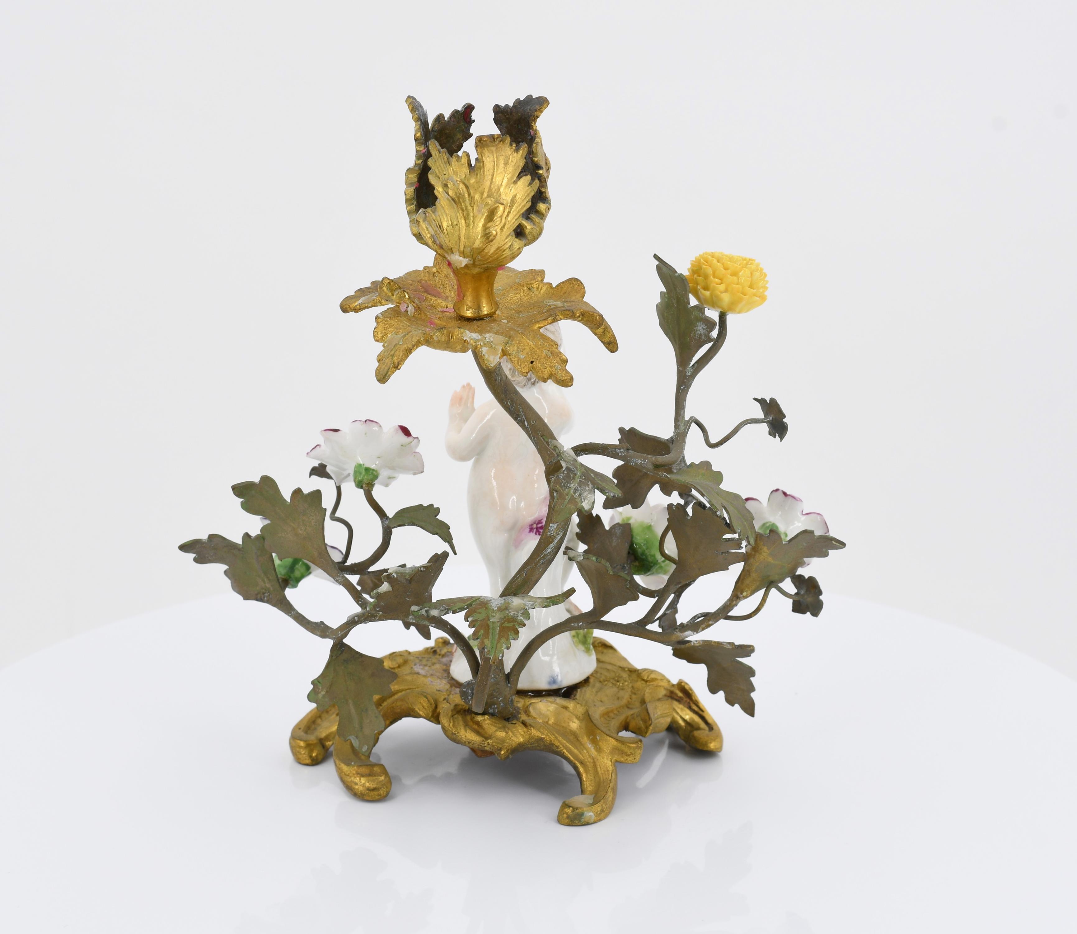 Pair of small candle holders with putti and porcelain flowers - Image 4 of 10