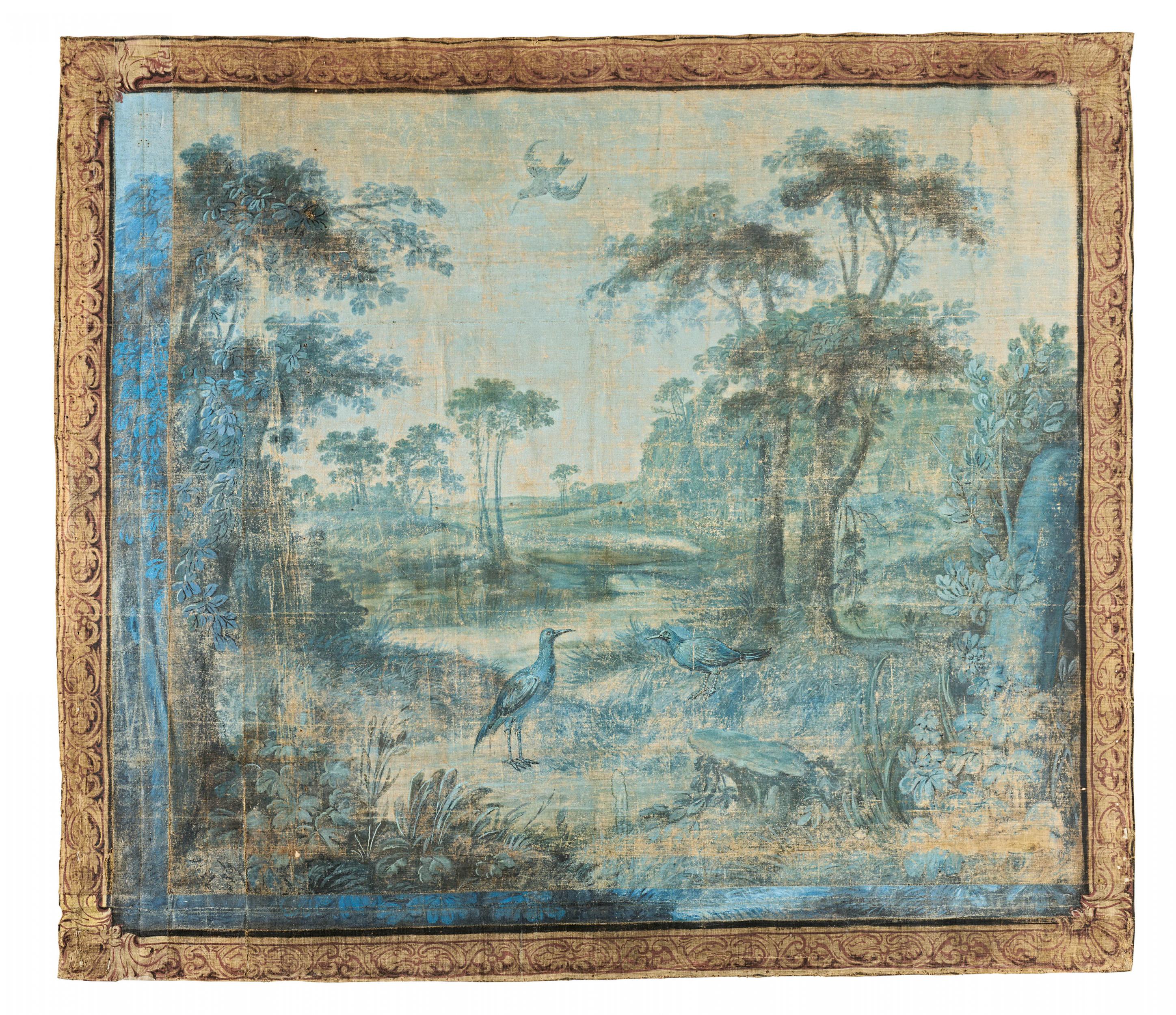 Set of three verdure tapestries with landscape vedutas - Image 4 of 6
