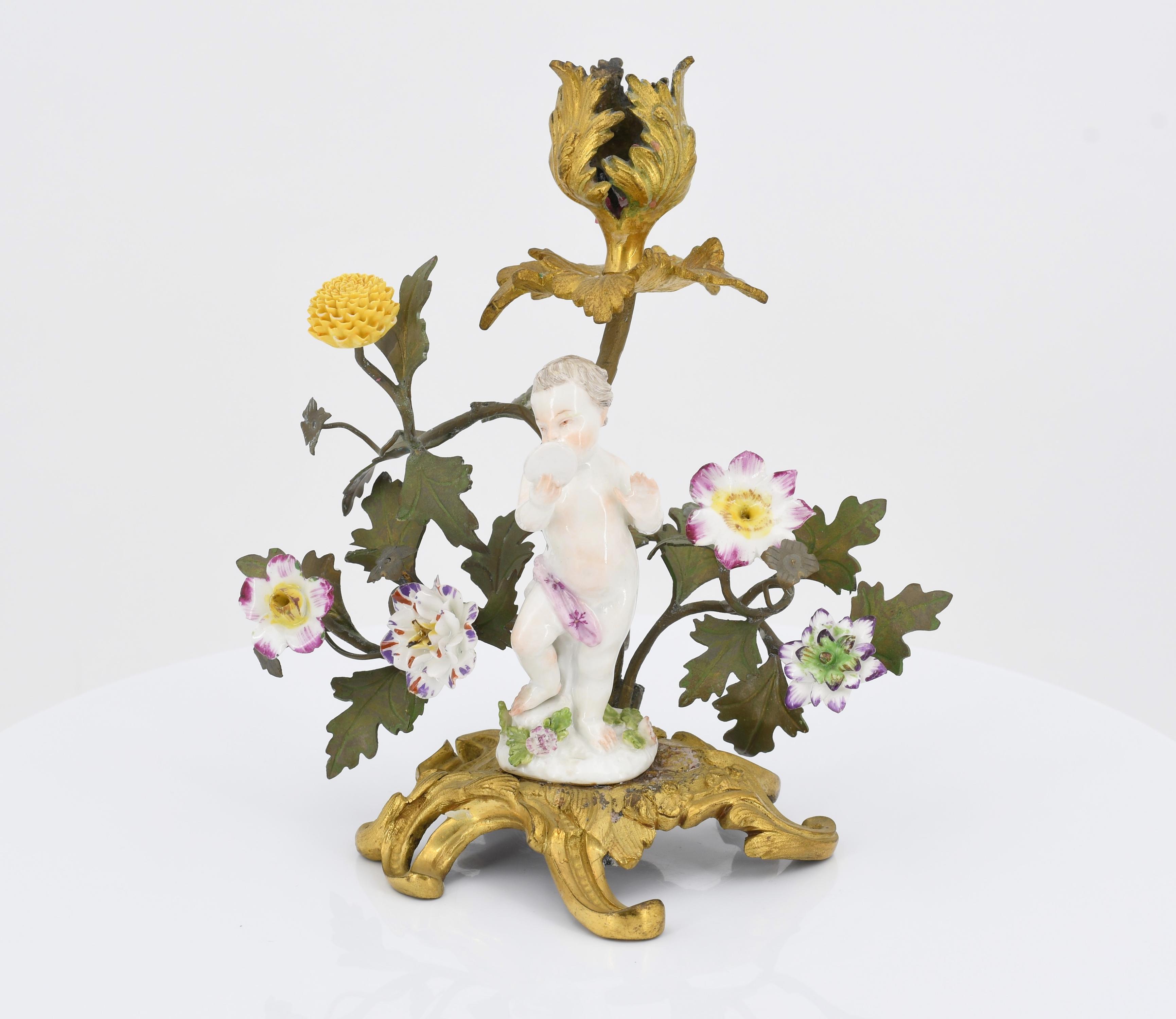 Pair of small candle holders with putti and porcelain flowers - Image 2 of 10