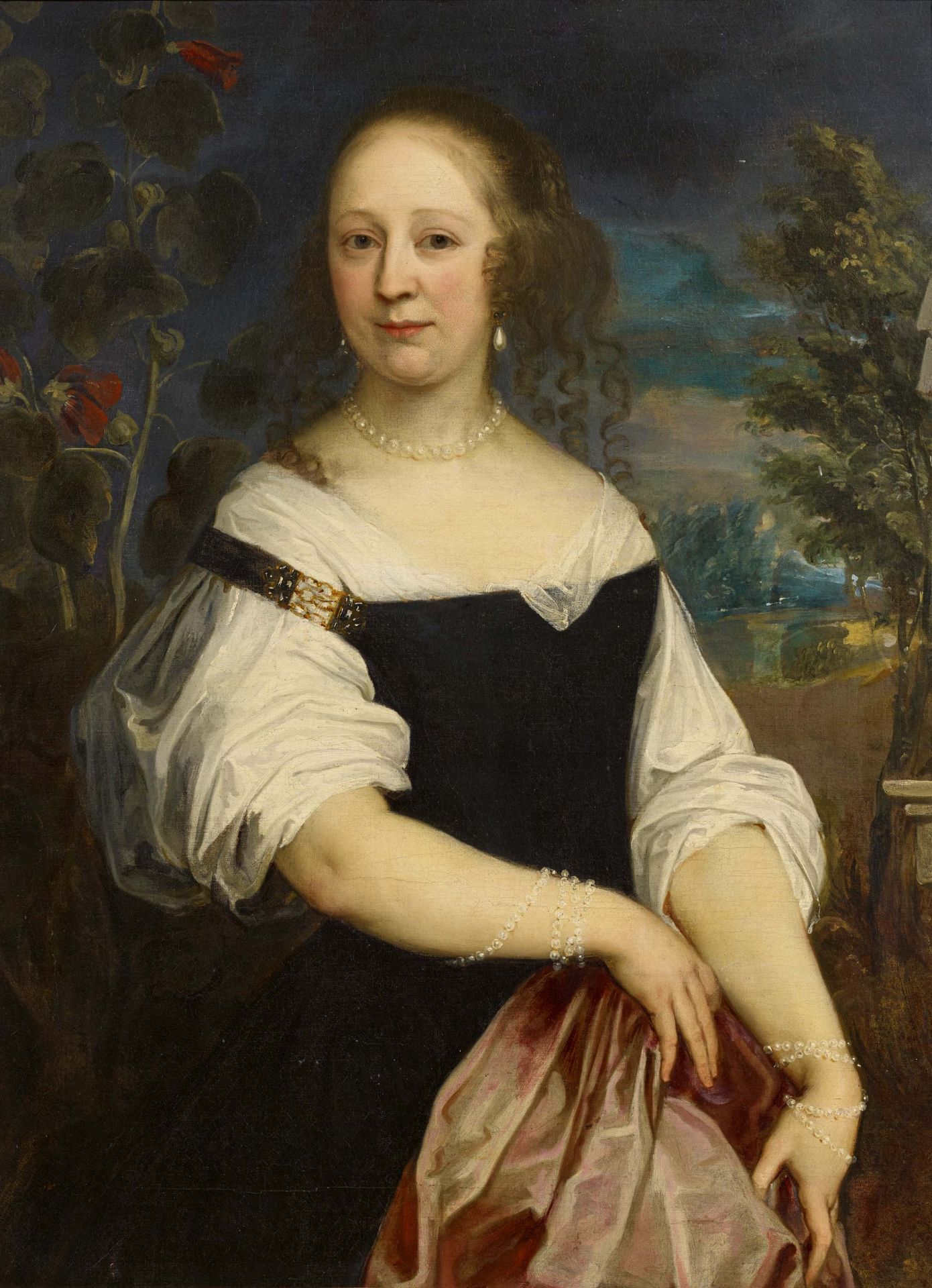 Dutch School: Portrait of a Lady with Pearl Jewellery in front of Landscape Background