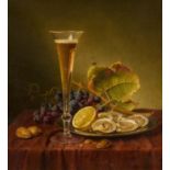 Johann Wilhelm Preyer: Stillleben mit Mandeln, Austern, Trauben und einer Sektflöte