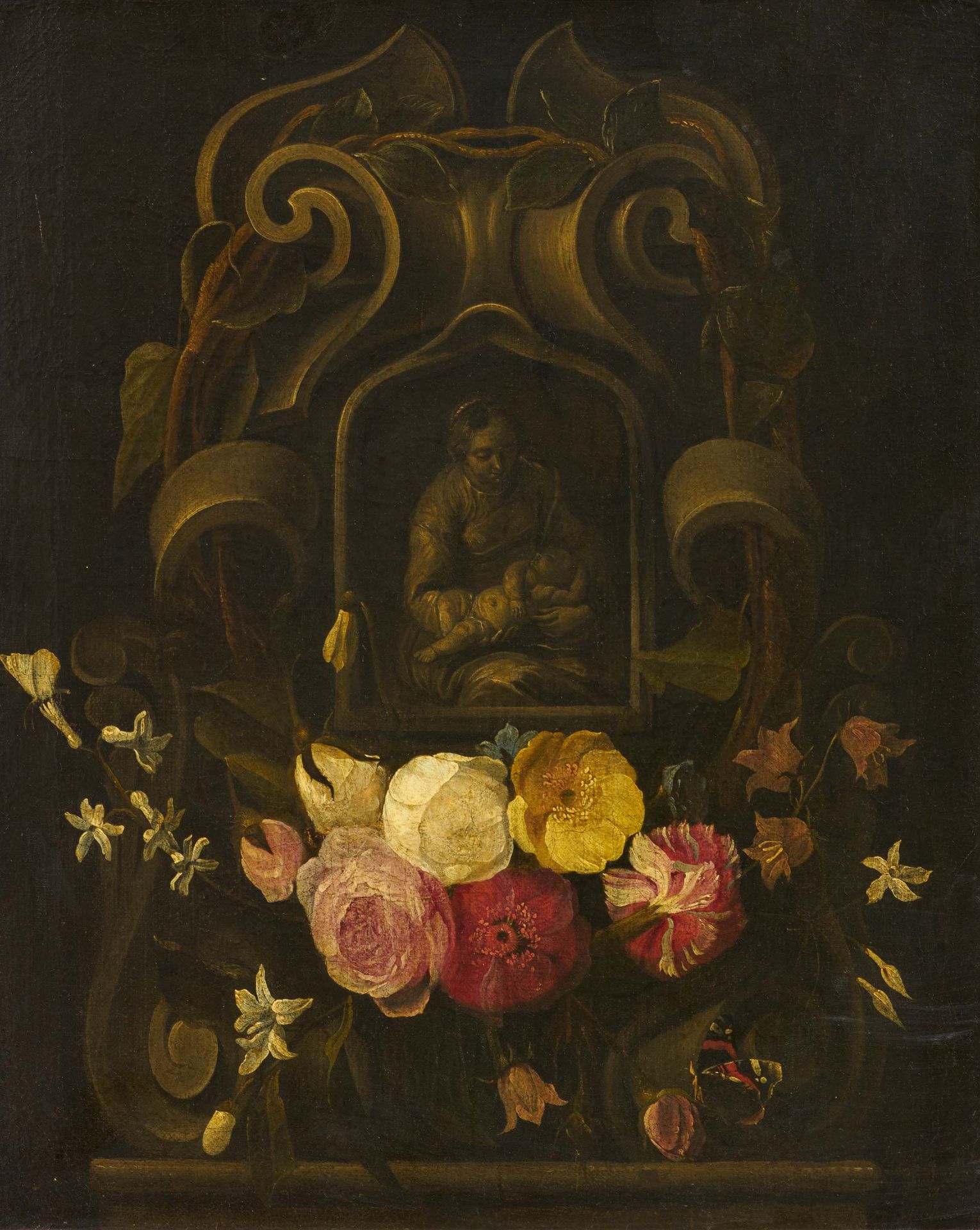 Dutch School: Mary with Christ Child in Cartouche before Flowers