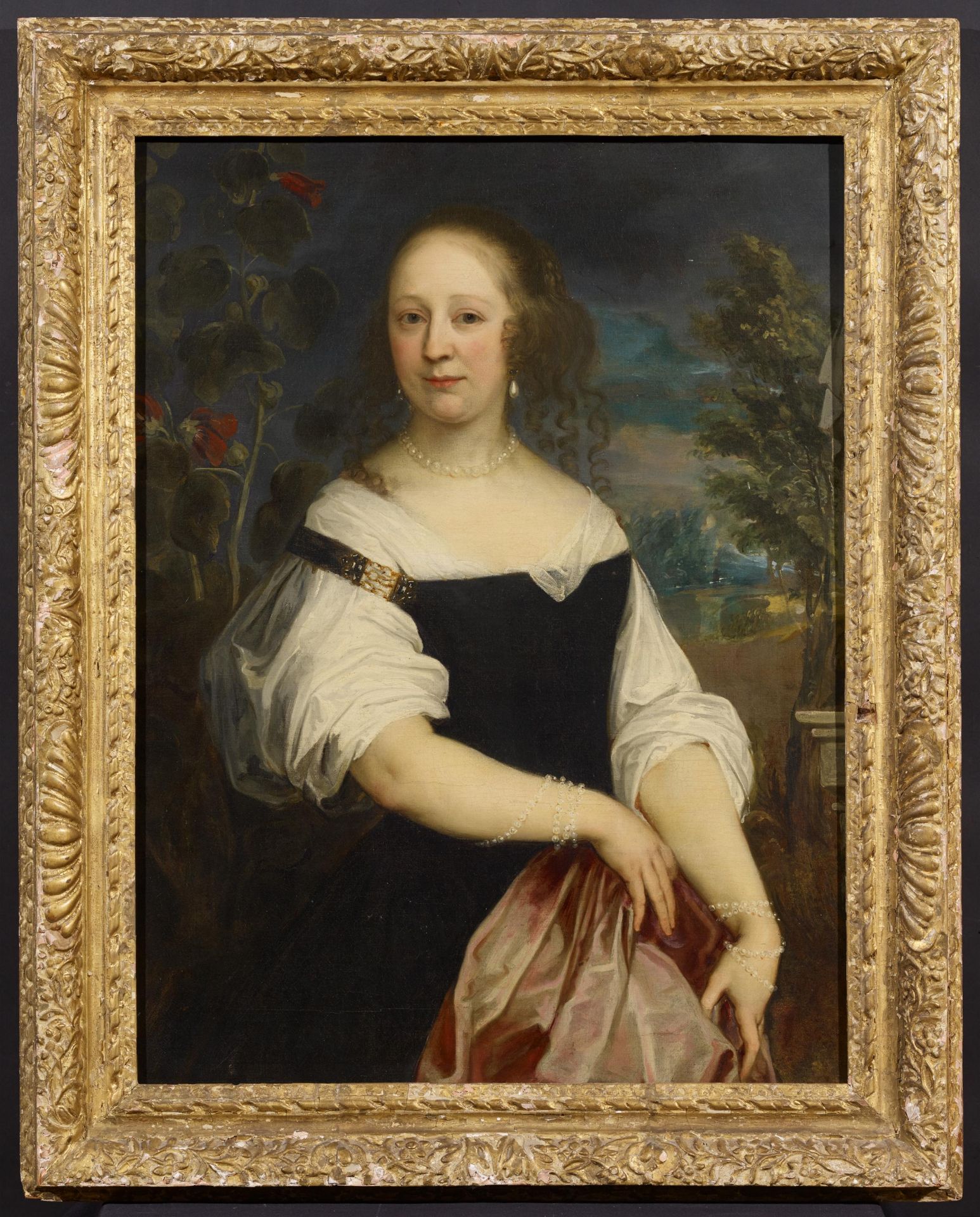 Dutch School: Portrait of a Lady with Pearl Jewellery in front of Landscape Background - Image 2 of 4