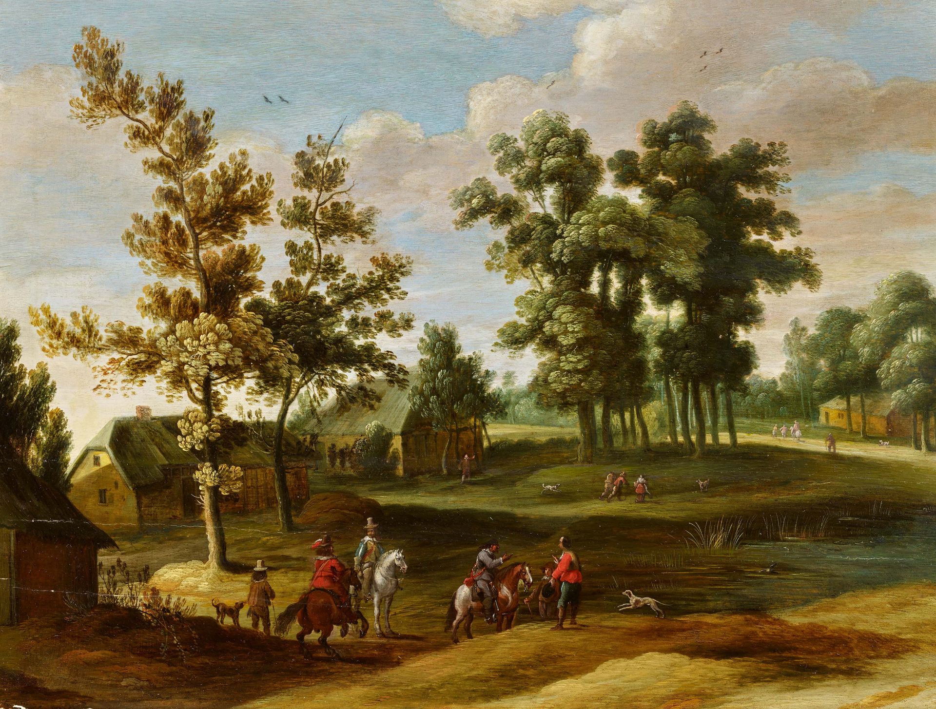 Flemish School: Village Landscape with Equestrians