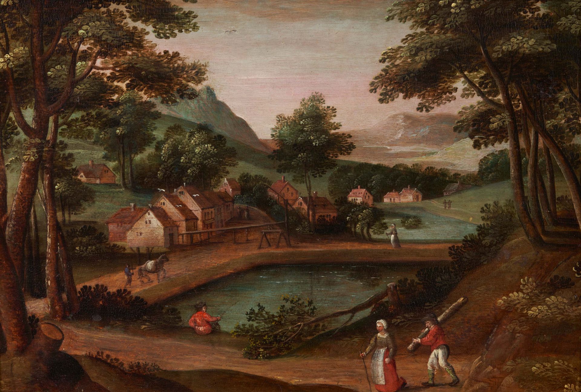 Jacob Grimmer: Gebirgslandschaft mit Personen am Fischteich