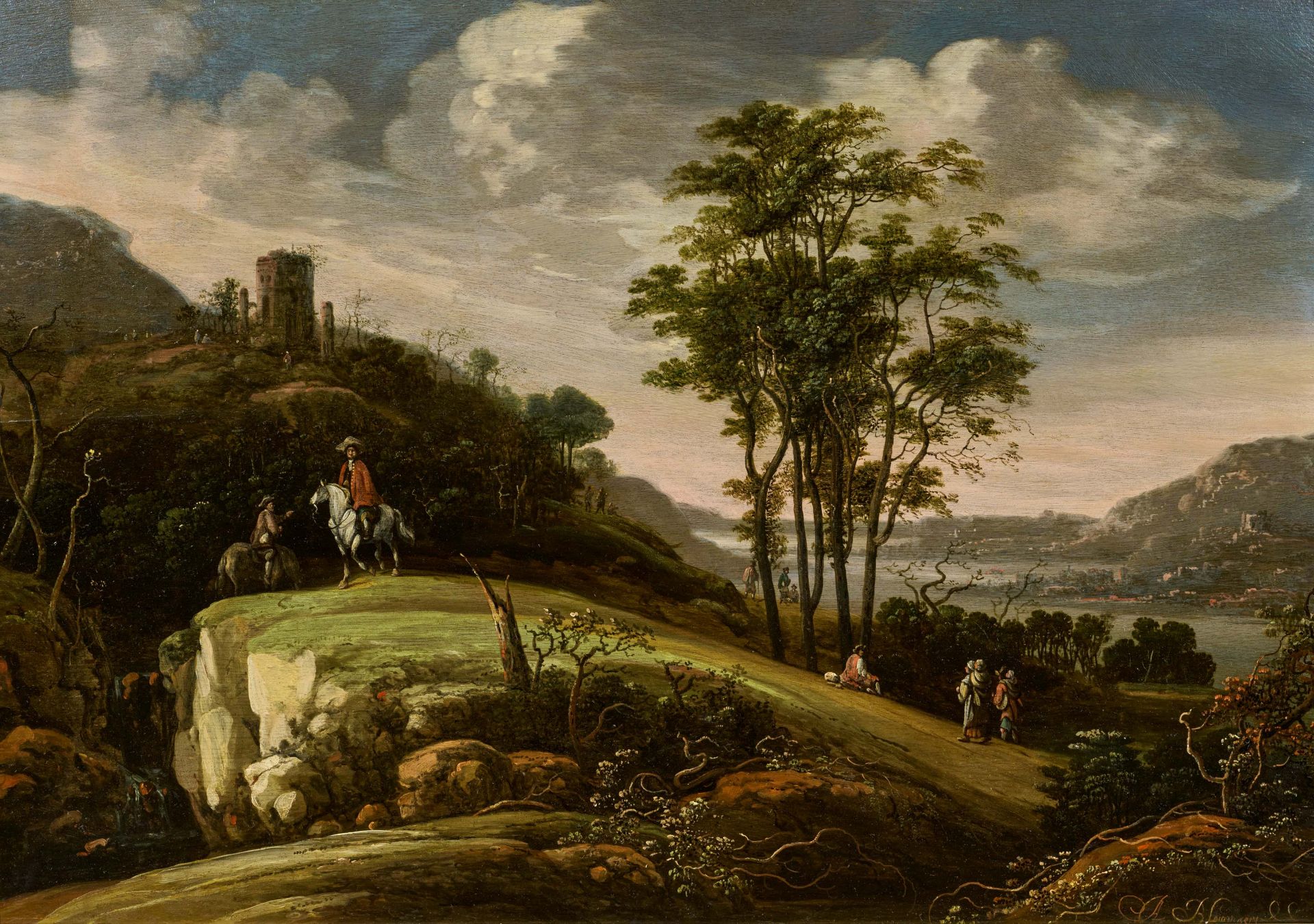 Abraham Blommaert: Wide Riverscape with Equestrian in front of a Castle Ruin