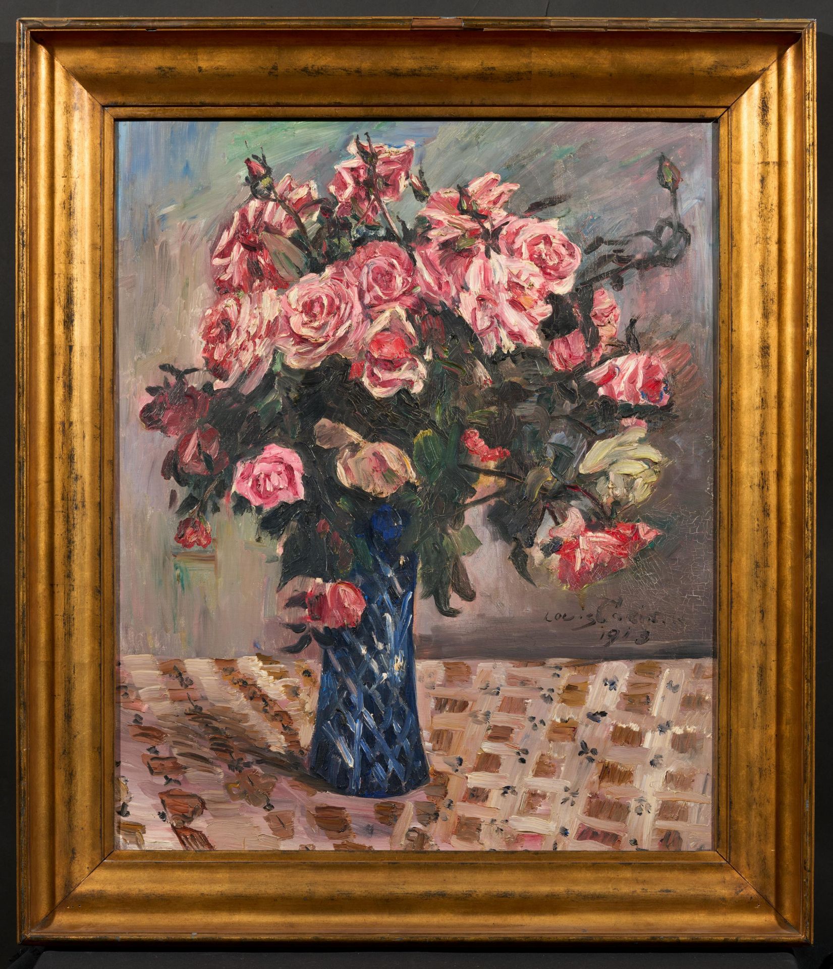 Lovis Corinth: Stillleben - Rote und rosa Rosen in Vase auf Tischtuch (Blumen) - Bild 4 aus 6