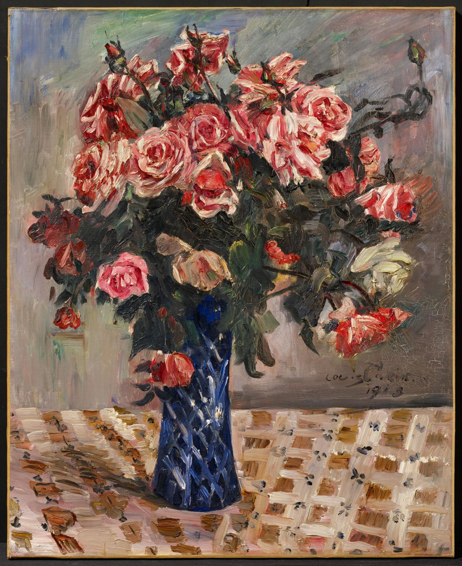 Lovis Corinth: Stillleben - Rote und rosa Rosen in Vase auf Tischtuch (Blumen) - Image 2 of 6