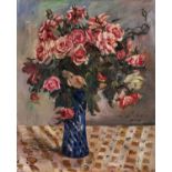 Lovis Corinth: Stillleben - Rote und rosa Rosen in Vase auf Tischtuch (Blumen)