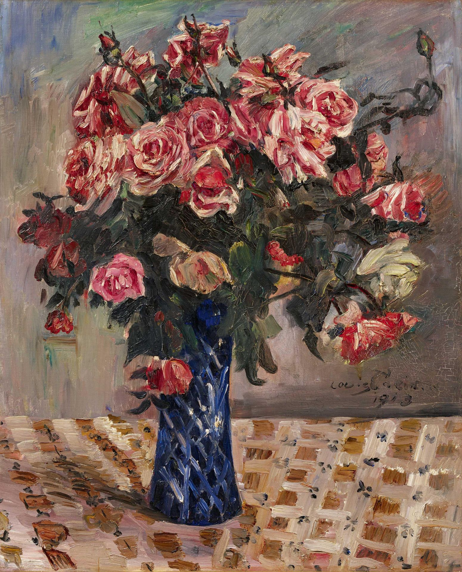 Lovis Corinth: Stillleben - Rote und rosa Rosen in Vase auf Tischtuch (Blumen)