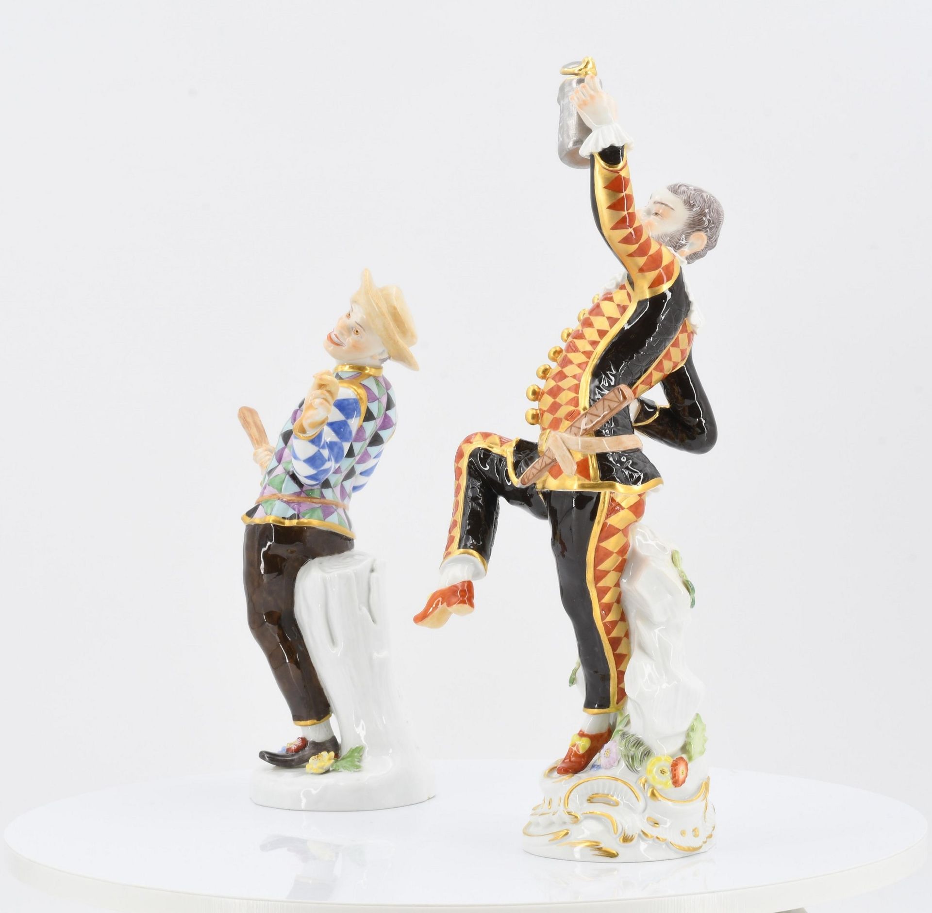 Harlequin with jug and Harlequin with slapstick from the Commedia dell'Arte - Image 3 of 6